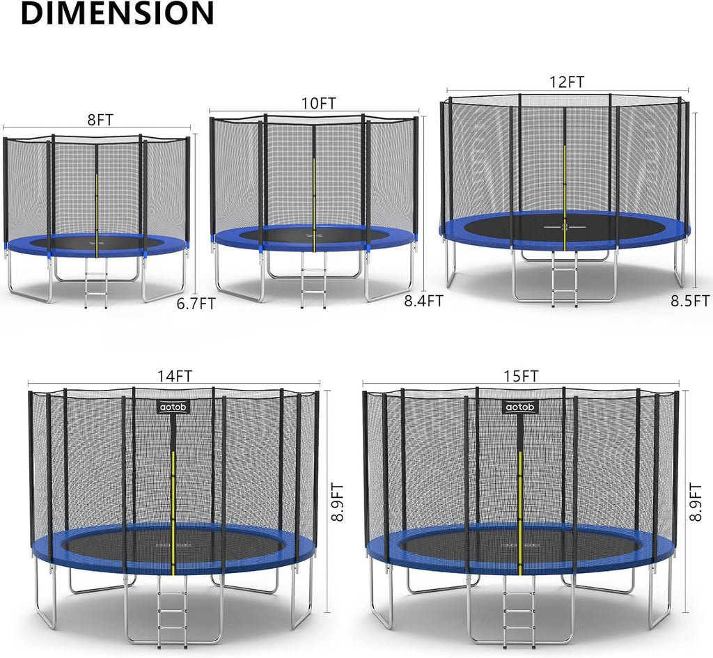 AOTOB 8FT 10FT 12FT 14 FT 15FT Trampoline with Safety Enclosure Net，Outdoor Trampoline with Basketball Hoop, Heavy Duty Jumping Mat and Spring Cover Padding for Kids and Adults, Storage Bag and Ladder wourant