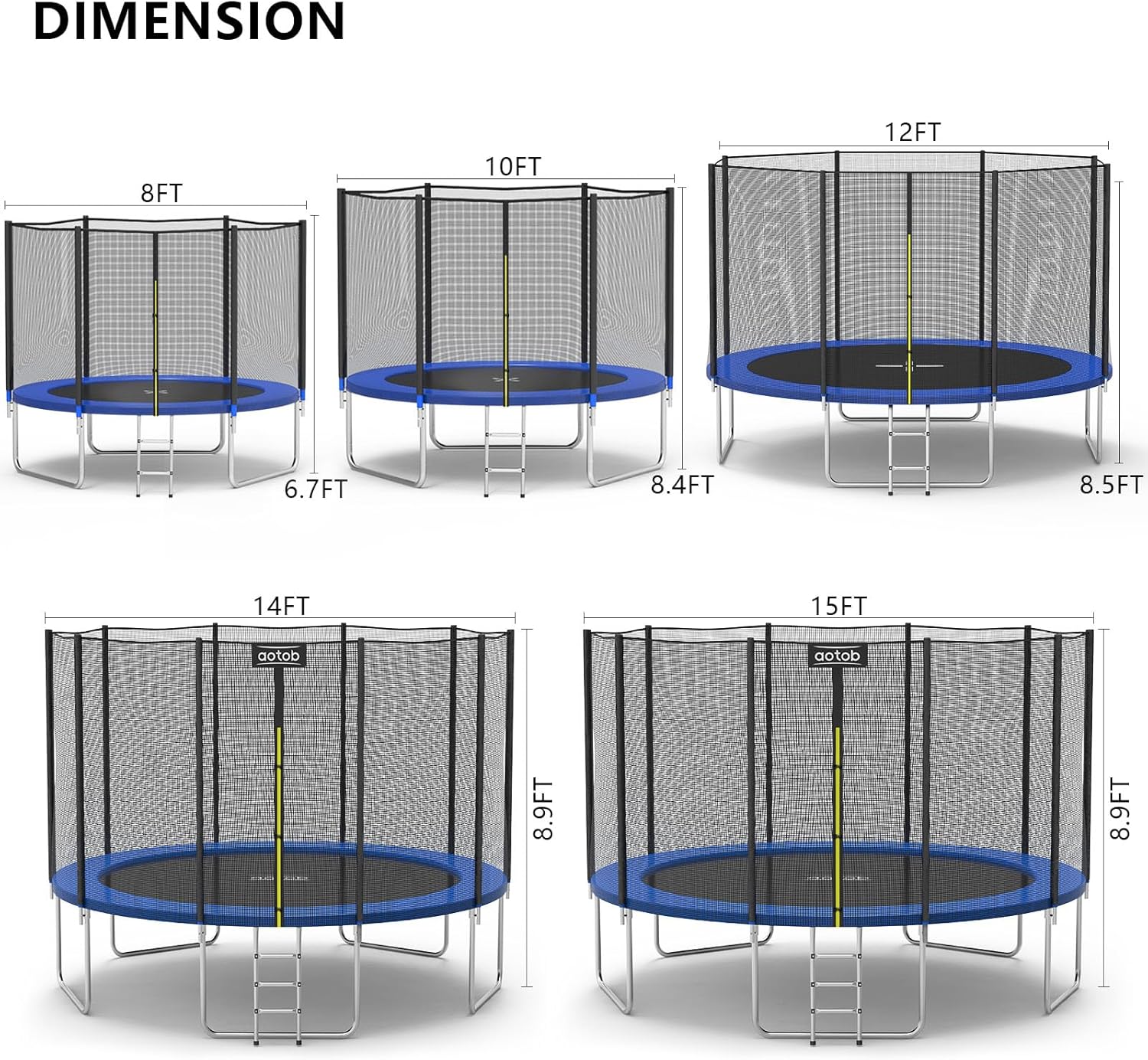 AOTOB 8FT 10FT 12FT 14 FT 15FT Trampoline with Safety Enclosure Net，Outdoor Trampoline with Basketball Hoop, Heavy Duty Jumping Mat and Spring Cover Padding for Kids and Adults, Storage Bag and Ladder wourant