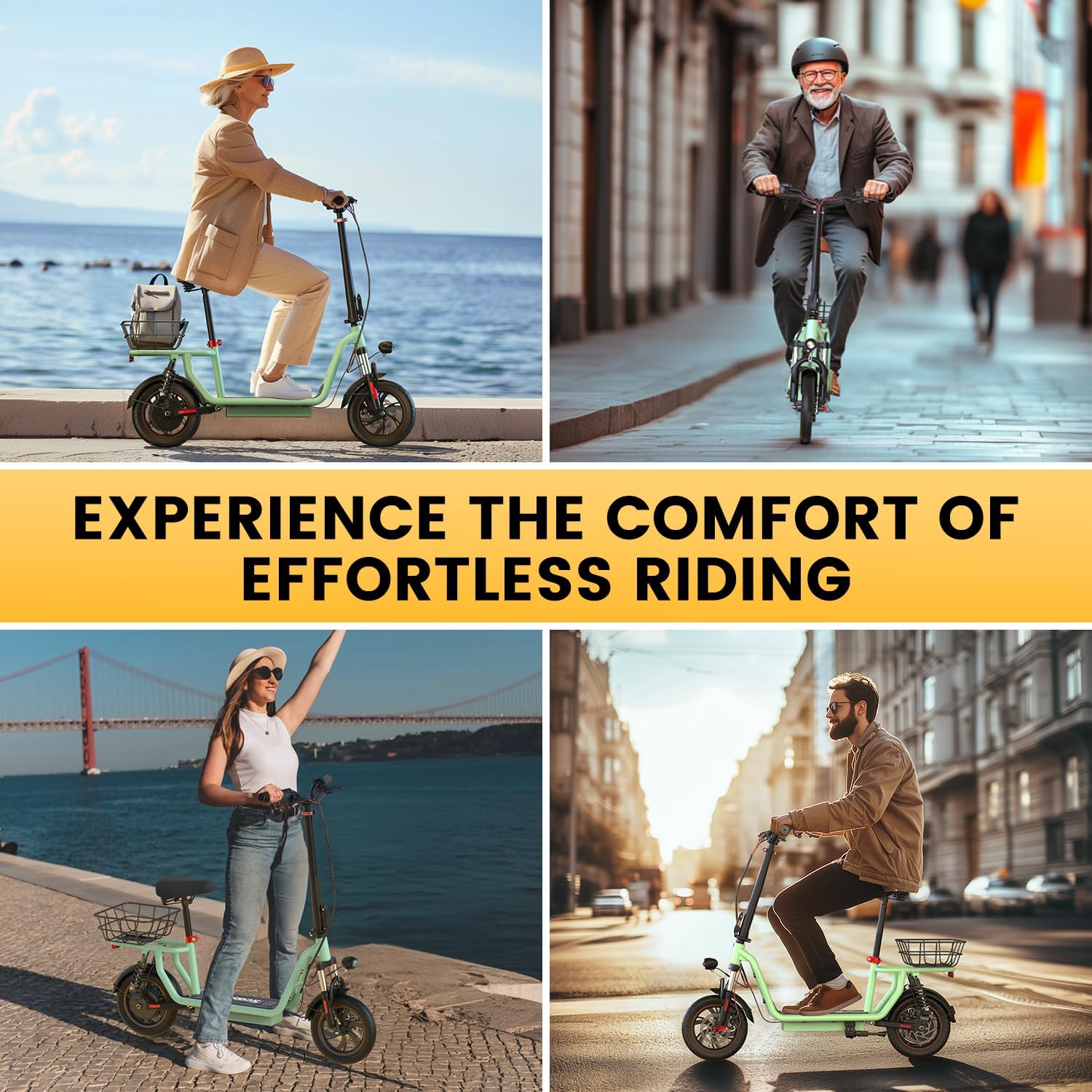 iScooter electric scooter with seat, 37/21 mile range, 28/19/15.6 mph top speed, dual suspension scooter with basket wourant