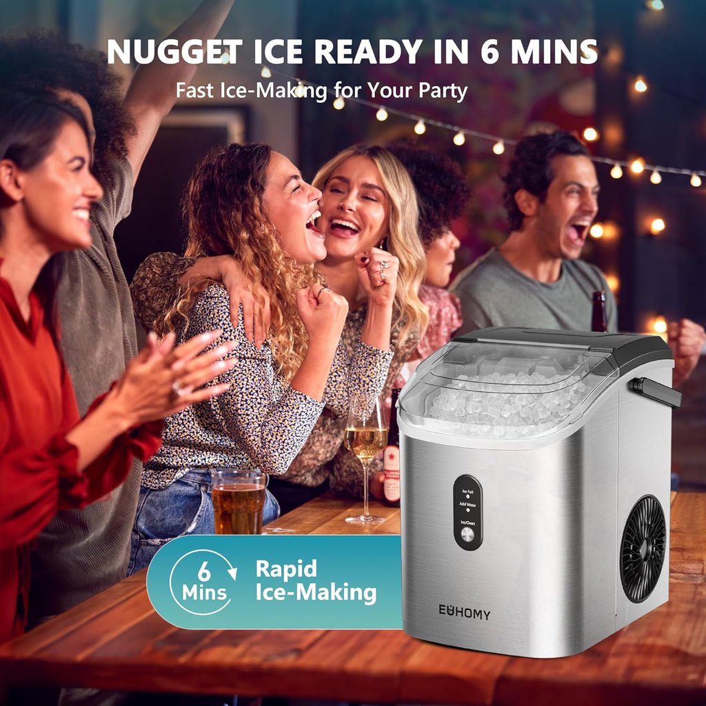 EUHOMY Nugget Ice Maker Countertop with Handle, Ready in 6 Mins, 34lbs Per Day, Removable Top Cover, Auto-Cleaning, Portable Sonic Ice Maker with Basket and Scoop, for Home/Party/RV/Camping (Black) wourant