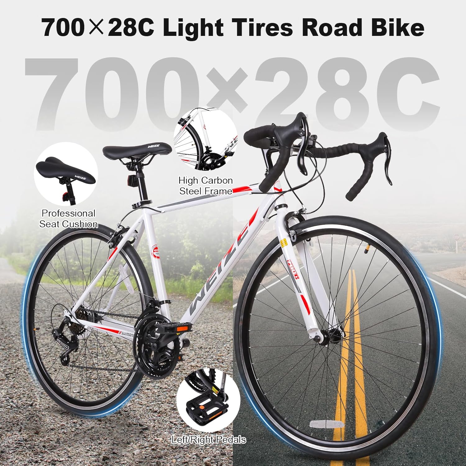 WEIZE Road Bike, 700C Wheel City Commuter Bicycle, Shimano 14 Speed Drop Bar, Racing Adult Bike with Caliper Brakes, High-Carbon Steel Hybrid Bikes wourant
