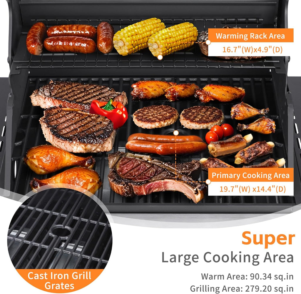 3-Burner Propane Gas Grill with 30,000 BTU Output - Double-layer Stainless Steel Grill Lid, Cast Iron Cooking Grids, Easy-Clean Grease Management & Even Heat Distribution for Perfect BBQs wourant