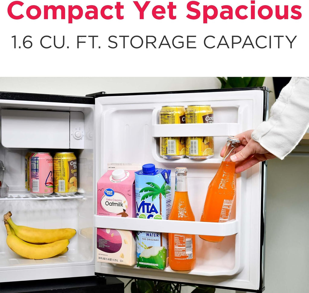 Frigidaire EFR176 Retro Compact Fridge with Chiller Mini Refrigerator with Built-in Bottle Opener for Office, Bedroom, Dorm Room or Cabin, 1.6 cu ft 16" D x 18" W x 18.5" H, Moonlight wourant