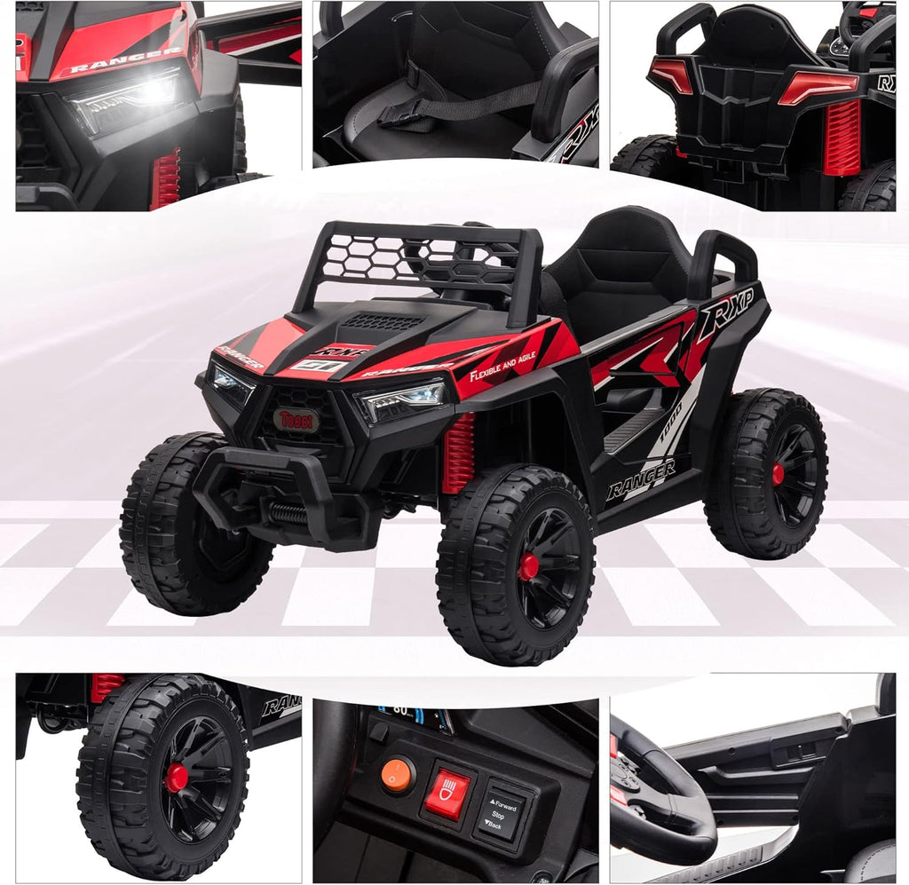 TOBBI 12V Kids Ride on Car, Electric Off-Road UTV Truck with Diverse Functions, Double Open Doors, Safety Belt, Horn, Music, and Lights for Kids Aged 3-5 Years (Rose Red) wourant