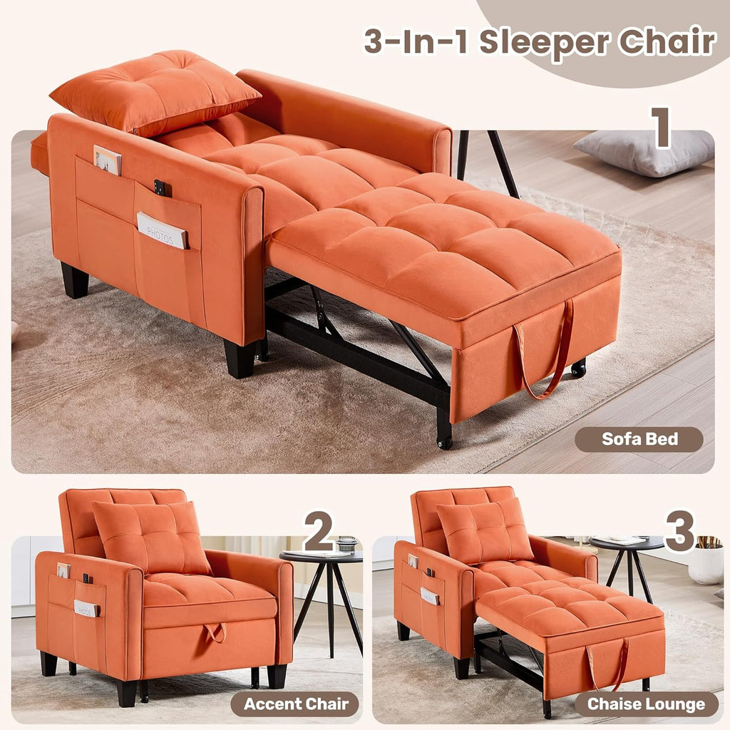 Convertible Sleeper Chair, 3 in 1 Sleeper Chair Bed Pull Out Sofa Bed Chairs, Velvet Single Sofa with Adjustable Backrest wourant