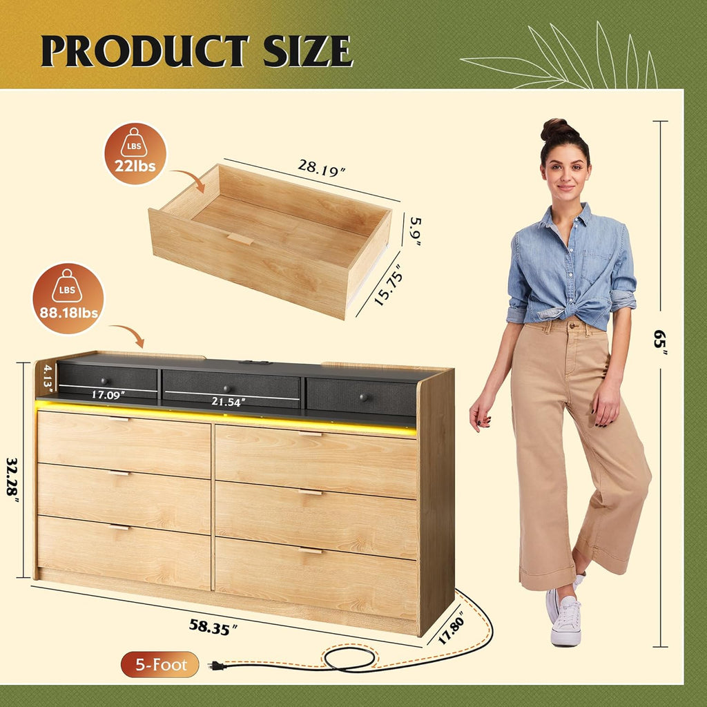 9 Drawer Led Dresser for Bedroom, 58.35'' Wide Wood Dresser Storage Organizer with Power Outlets for 65'' TV, Dressers with Open Shelves wourant