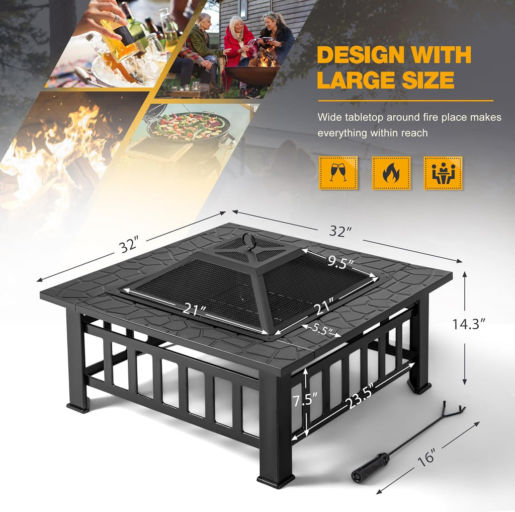 Devoko Outdoor Fire Pit, 32 Inch Firepit Table Metal Outdoor Fireplaces with Waterproof Cover for Outside Patio Camping wourant