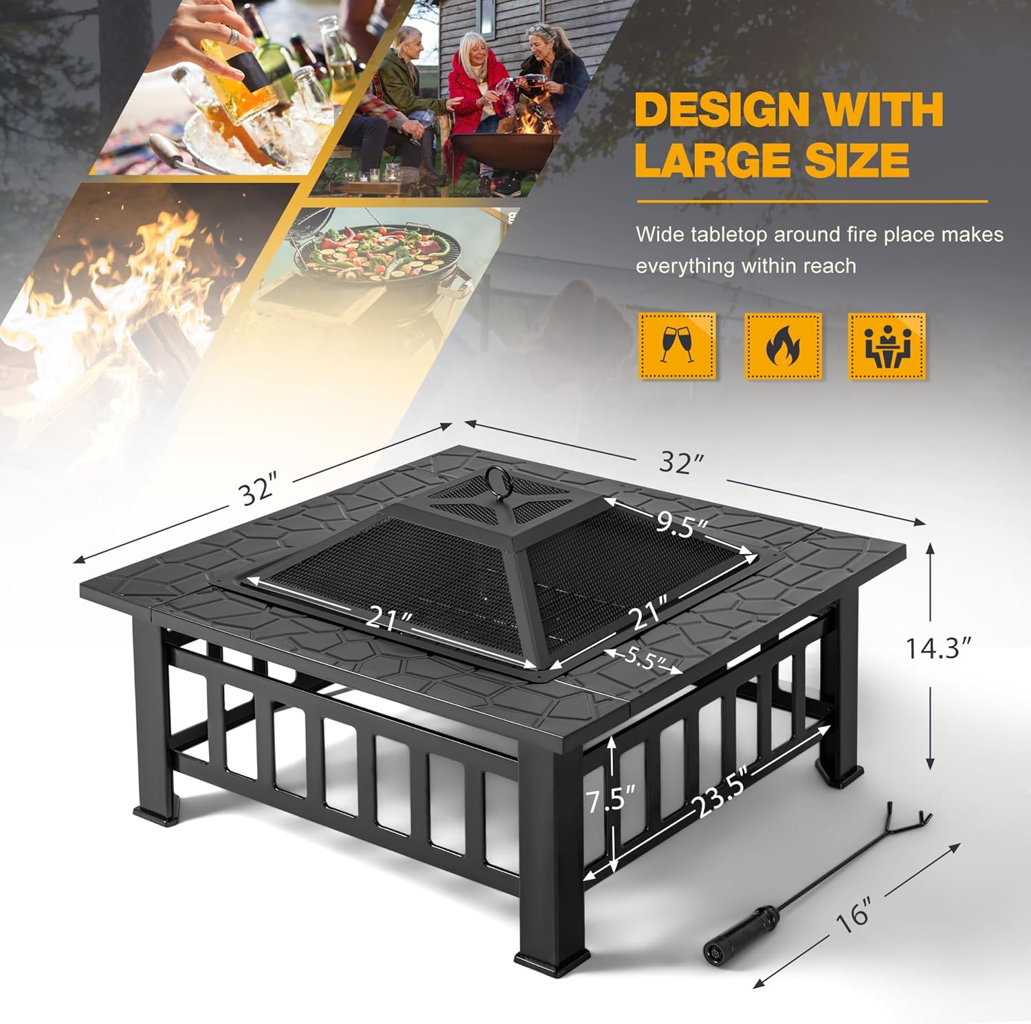 Devoko Outdoor Fire Pit, 32 Inch Firepit Table Metal Outdoor Fireplaces with Waterproof Cover for Outside Patio Camping wourant
