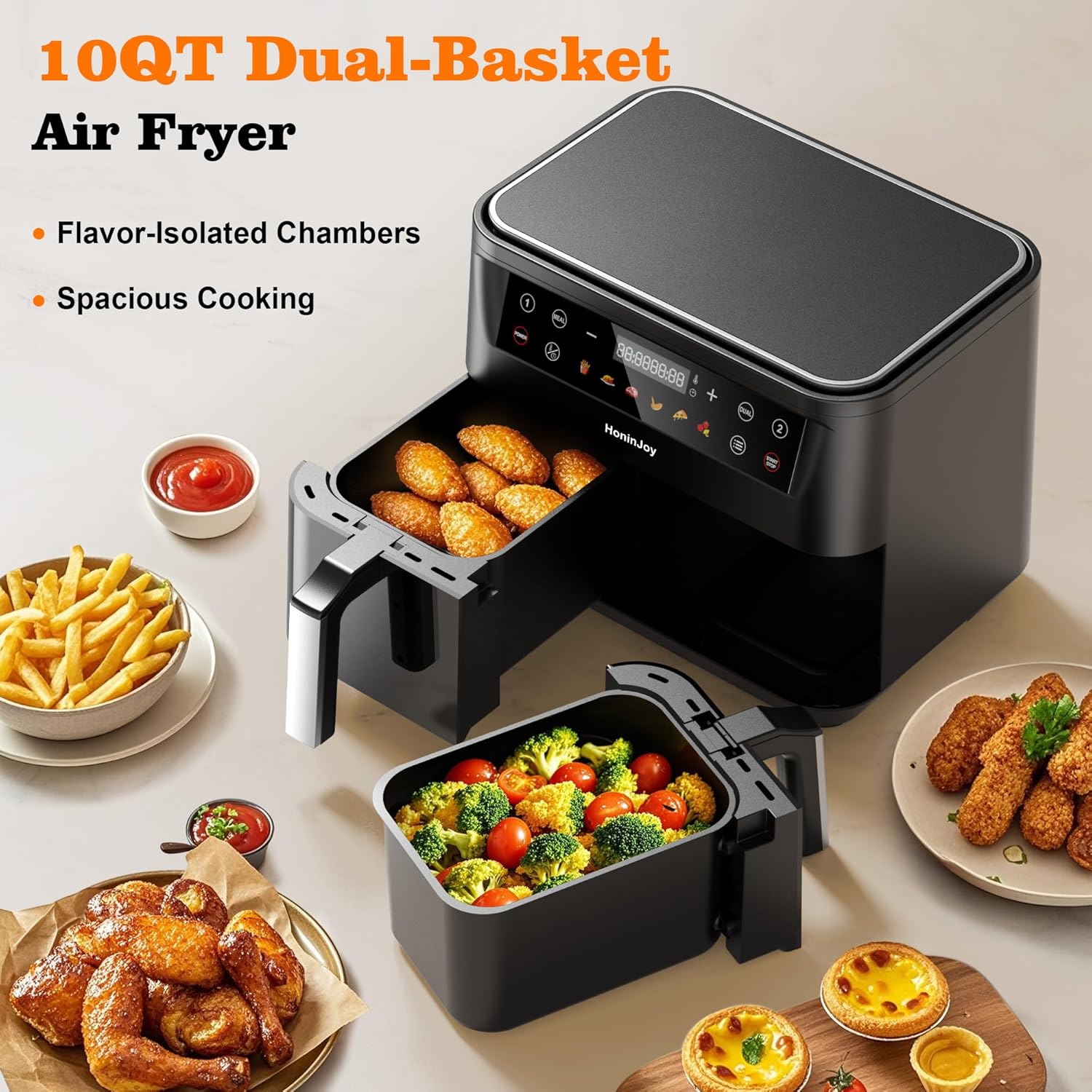 10QT Large Dual Basket Air Fryer with Viewing Window and 50pcs Paper Liners, 10-in-1 Digital Touchscreen Double Zone Air Fryers, SyncCook to Bake,Roast,Reheat,Broil, Nonstick Dishwasher Safe wourant