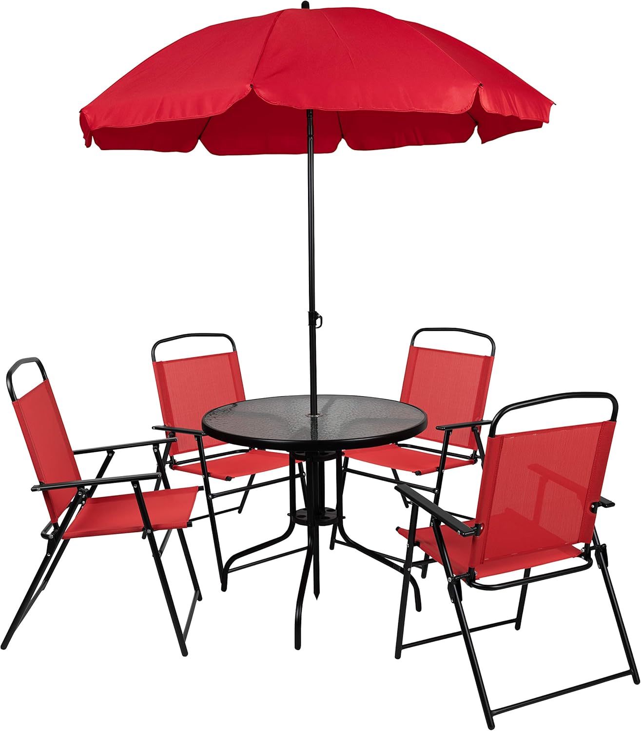 EMMA + OLIVER 6 Piece Brown Patio Garden Set with Umbrella Table and Set of 4 Folding Chairs wourant