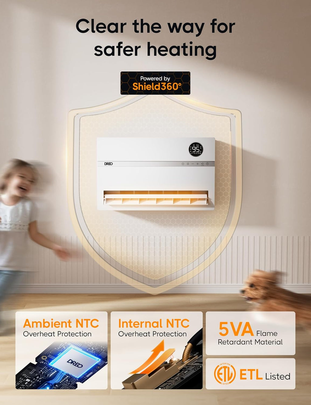 Dreo Smart Wall Heater, Electric Space Heater for Bedroom 1500W, 120° Vertical Oscillation, Adjustable Thermostat, Remote Control, 24H Timer, Easy-Mount Heater for Indoor Use, Works with Alexa, WH719S wourant