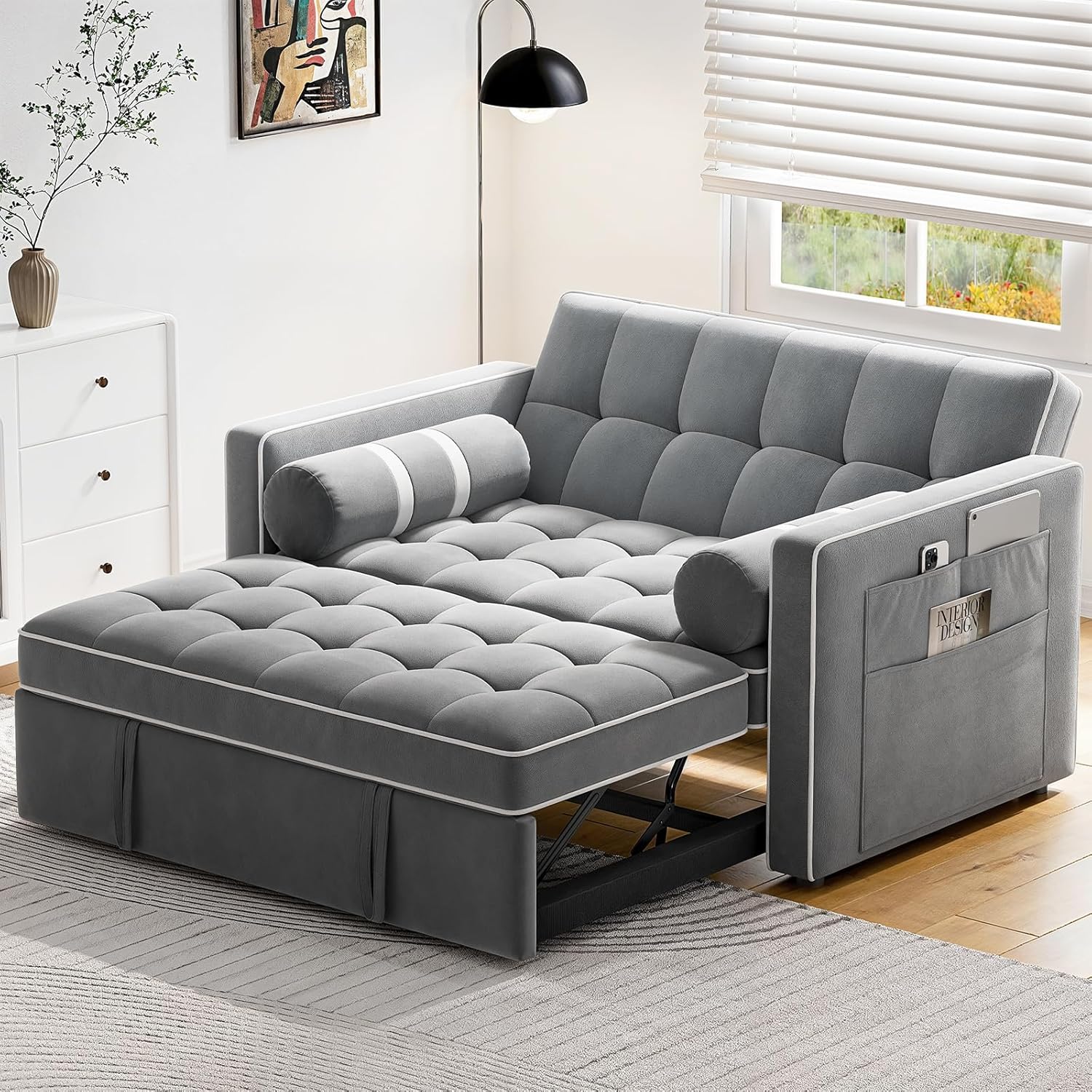 Pipishell 3 in 1 Convertible Sleeper Sofa Bed,Pull Out Couch for Living Room with USB Ports & Side Pockets,Adjustable Backrest,Velvet,Loveseat Sofa Bed,Futon Couches,Black wourant
