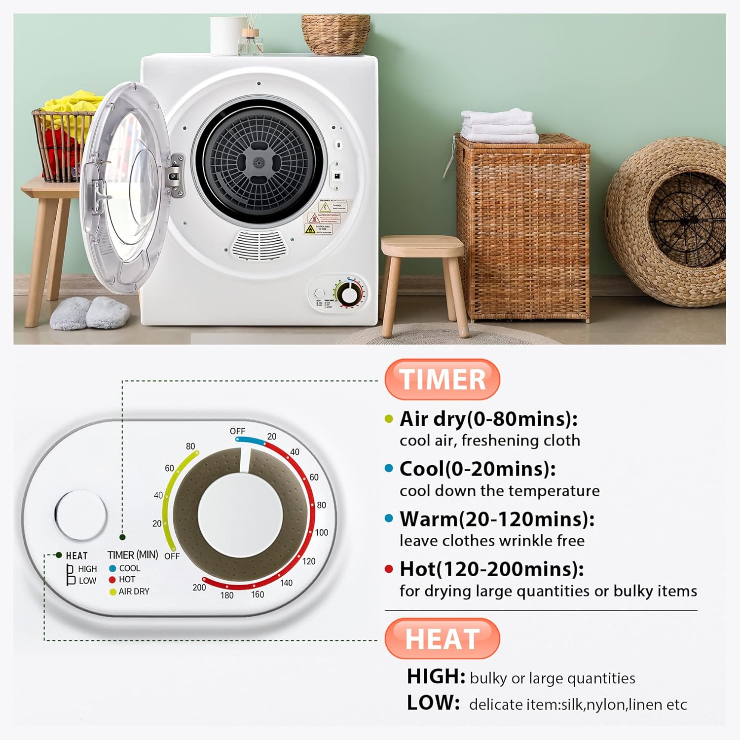 Compact Laundry Dryer, 3.5 cu ft Front Load Stainless Steel Clothes Dryers With Exhaust Pipe, 1500W, LCD Control Panel Four-Function Portable Dryer For Apartments, Home, Dorm, White wourant