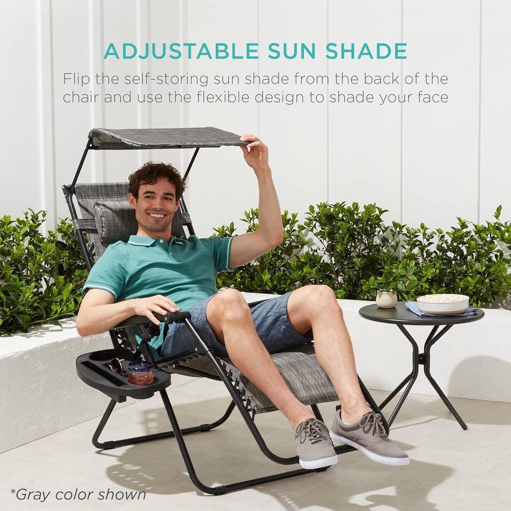 Best Choice Products Folding Zero Gravity Outdoor Recliner Patio Lounge Chair w/Adjustable Canopy Shade, Headrest, Side Accessory Tray, Textilene Mesh - Peacock Blue wourant