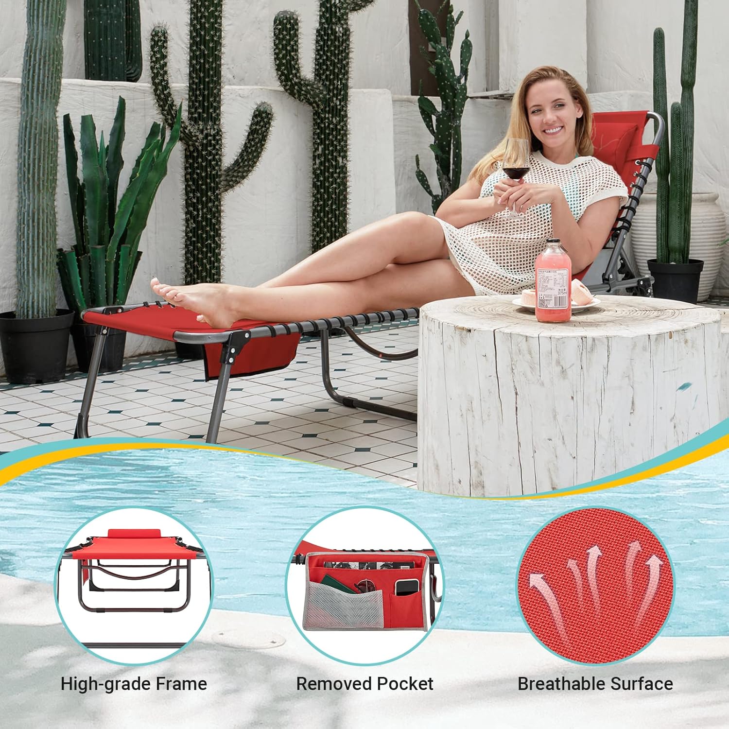 2 Pack Outdoor Chaise Lounge Chair - Portable Folding Patio Pool Lounge Chair, 5 Positions Adjustable Reclining Camping Chair with Side Table,Shoulder Strap, Pillow for Beach Sunbathing Lawn wourant