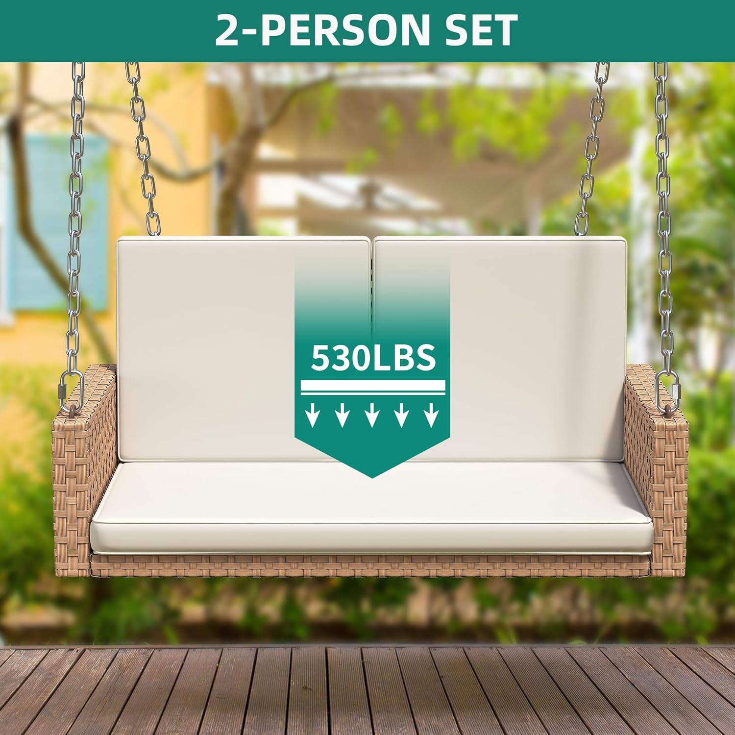 YITAHOME Hanging Porch Swing Chair Sits 3 People, Wicker Outdoor Swing Bench, Patio Lounge Chair, 1 Seating Cushion and 3 Back Cushions, w/Removable Covers, for Garden, Balcony, Backyard, Brown wourant