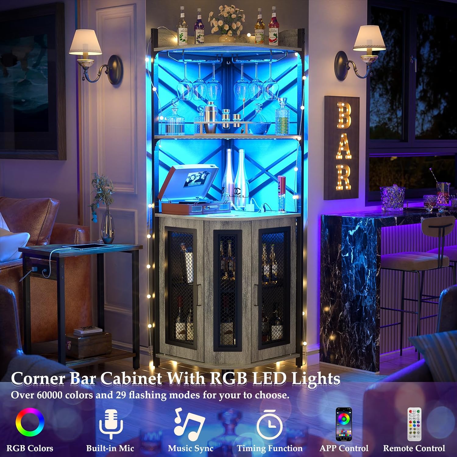 Corner bar cabinet with power socket, industrial style wine cabinet with LED light strip and glass rack, home five-layer wine cabinet bar unit, small space corner display cabinet wourant