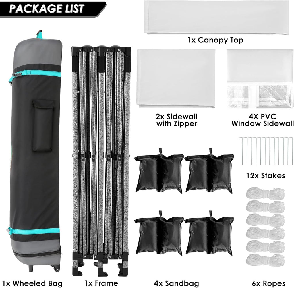 COBIZI 10x20 Heavy Duty Pop up Canopy Tent with 6 sidewalls Easy Up Commercial Outdoor Canopy Wedding Party Tents for Parties All Season Wind & Waterproof Gazebo with Roller Bag,Black(Frame Thickened) wourant