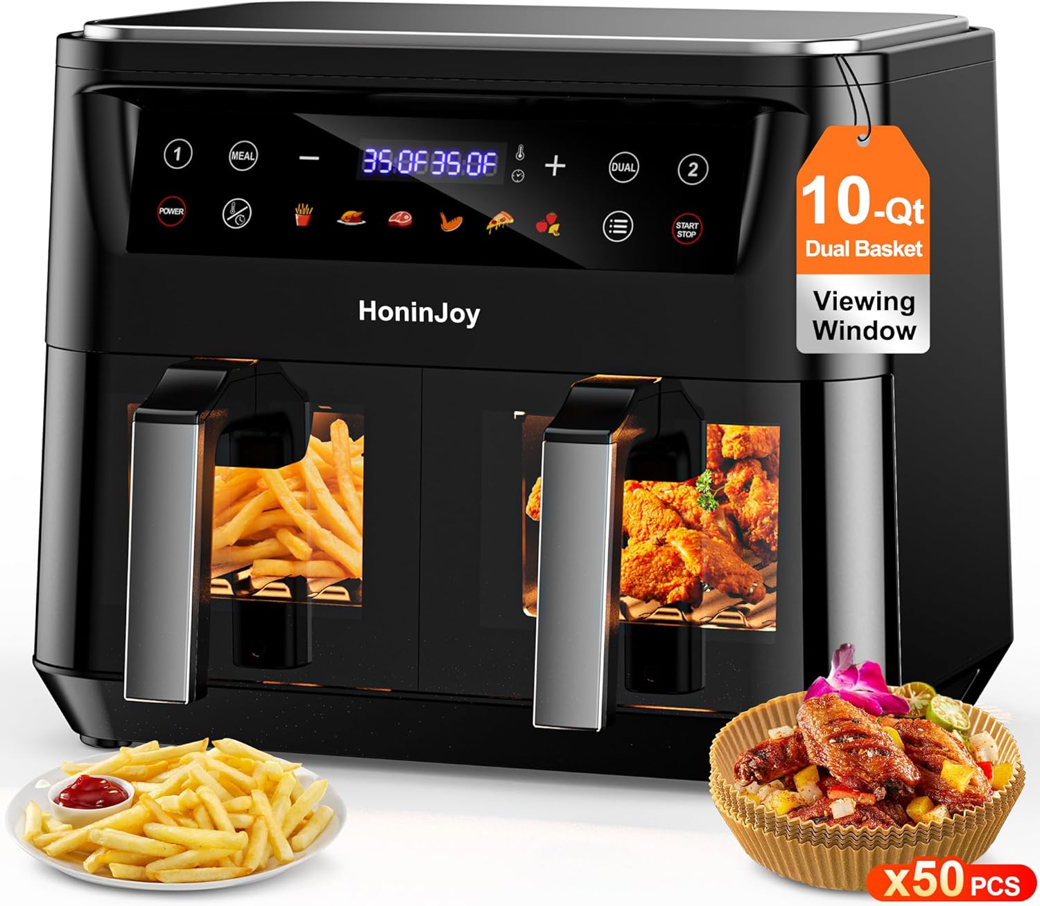 10QT Large Dual Basket Air Fryer with Viewing Window and 50pcs Paper Liners, 10-in-1 Digital Touchscreen Double Zone Air Fryers, SyncCook to Bake,Roast,Reheat,Broil, Nonstick Dishwasher Safe wourant