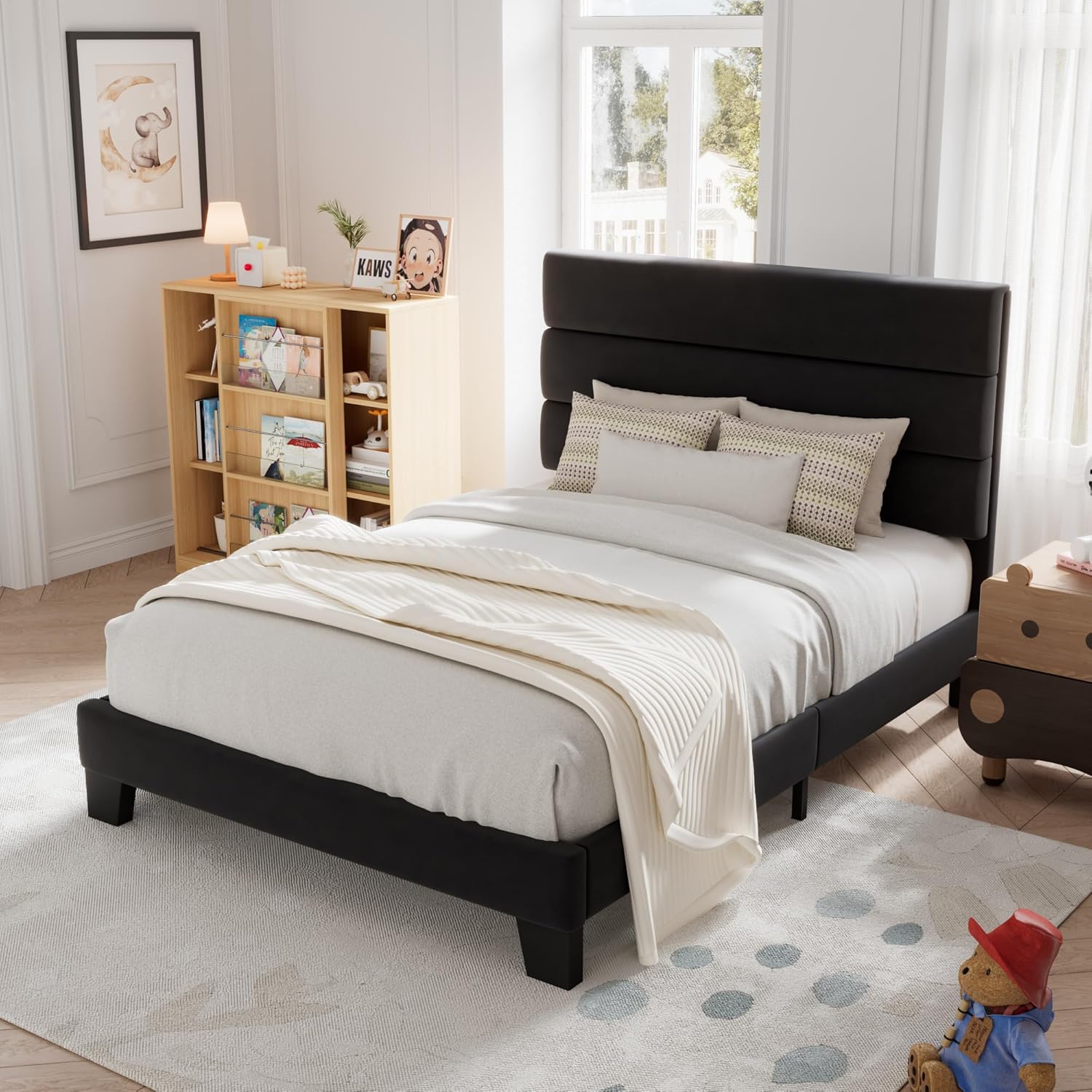 Allewie Queen Size Platform Bed Frame Fabric Upholstered Headboard Wooden Slats Support wourant