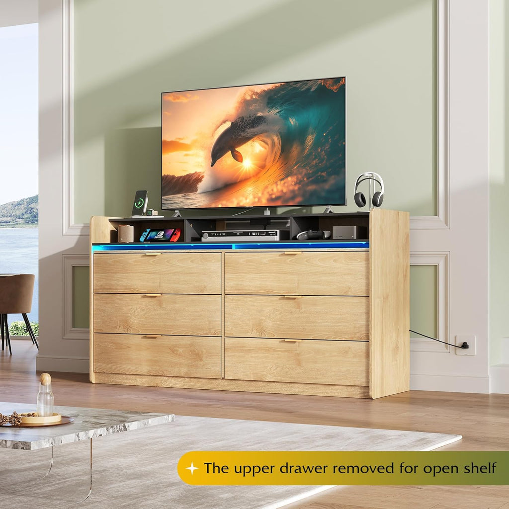 9 Drawer Led Dresser for Bedroom, 58.35'' Wide Wood Dresser Storage Organizer with Power Outlets for 65'' TV, Dressers with Open Shelves wourant