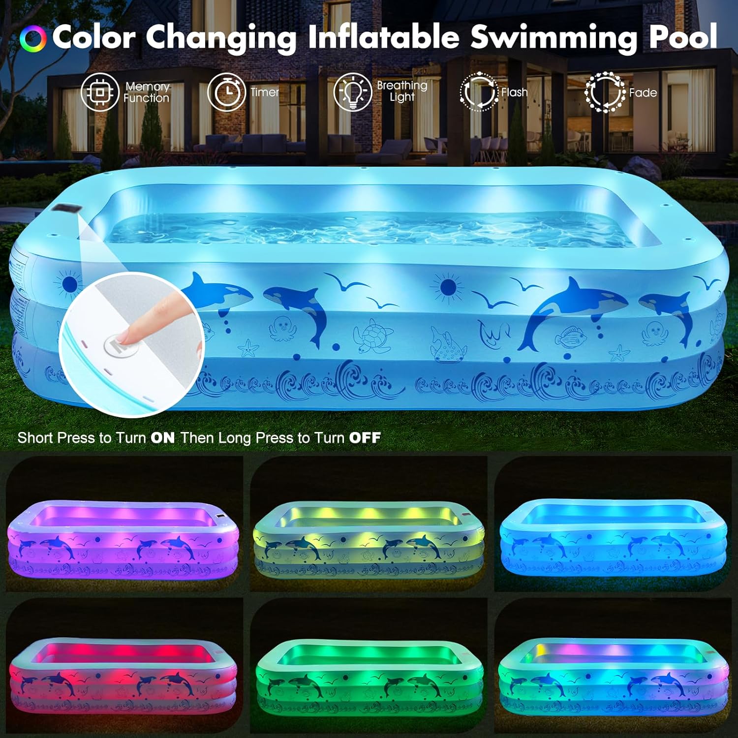2026 Upgrade Inflatable Pools with Lights, Inflatable Swimming Pools for Adults, Blow Up Pool Solar, Large Pool, Durable Thickened Inflatable Pool for Backyard- Light Blue woonhhop
