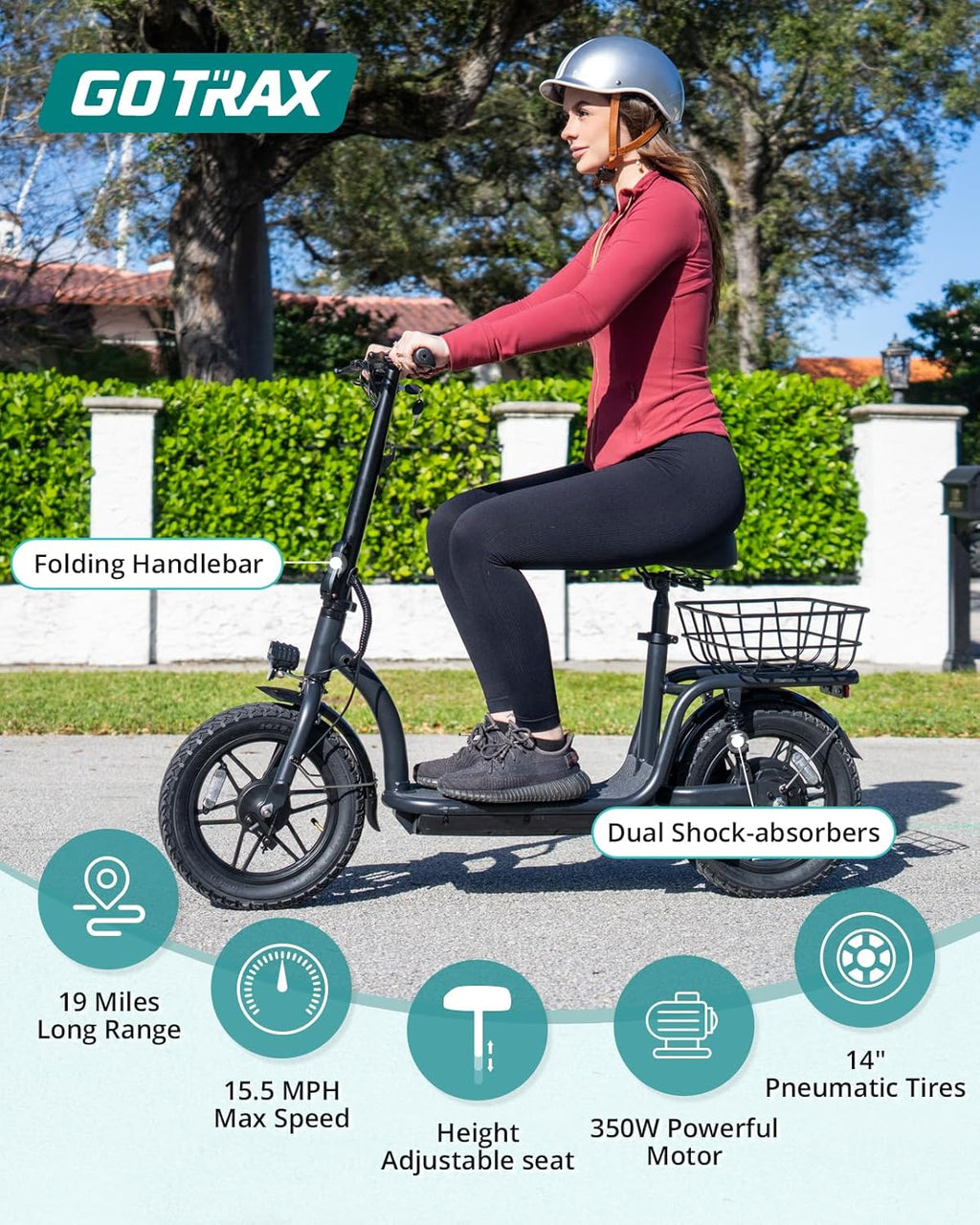 Gotrax adult electric scooter with seat, maximum range of 19-25 miles, all-terrain tires, wide pedals, padded seat, and carrycot wourant