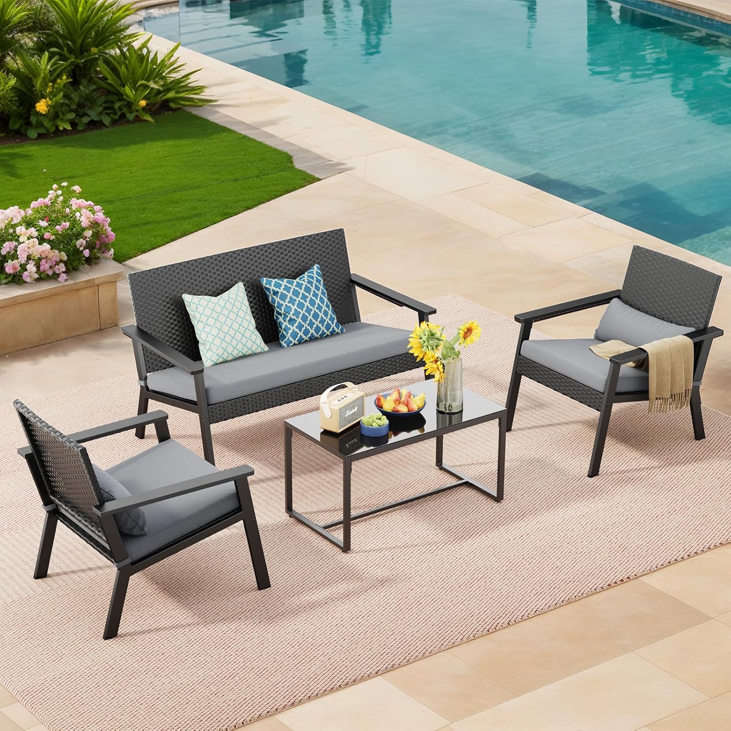 Ahomly 4-Piece Outdoor Wicker Patio Furniture Set with Deep Seating Cushions and Table for Balcony, Backyard, and Porch (Gray) wourant