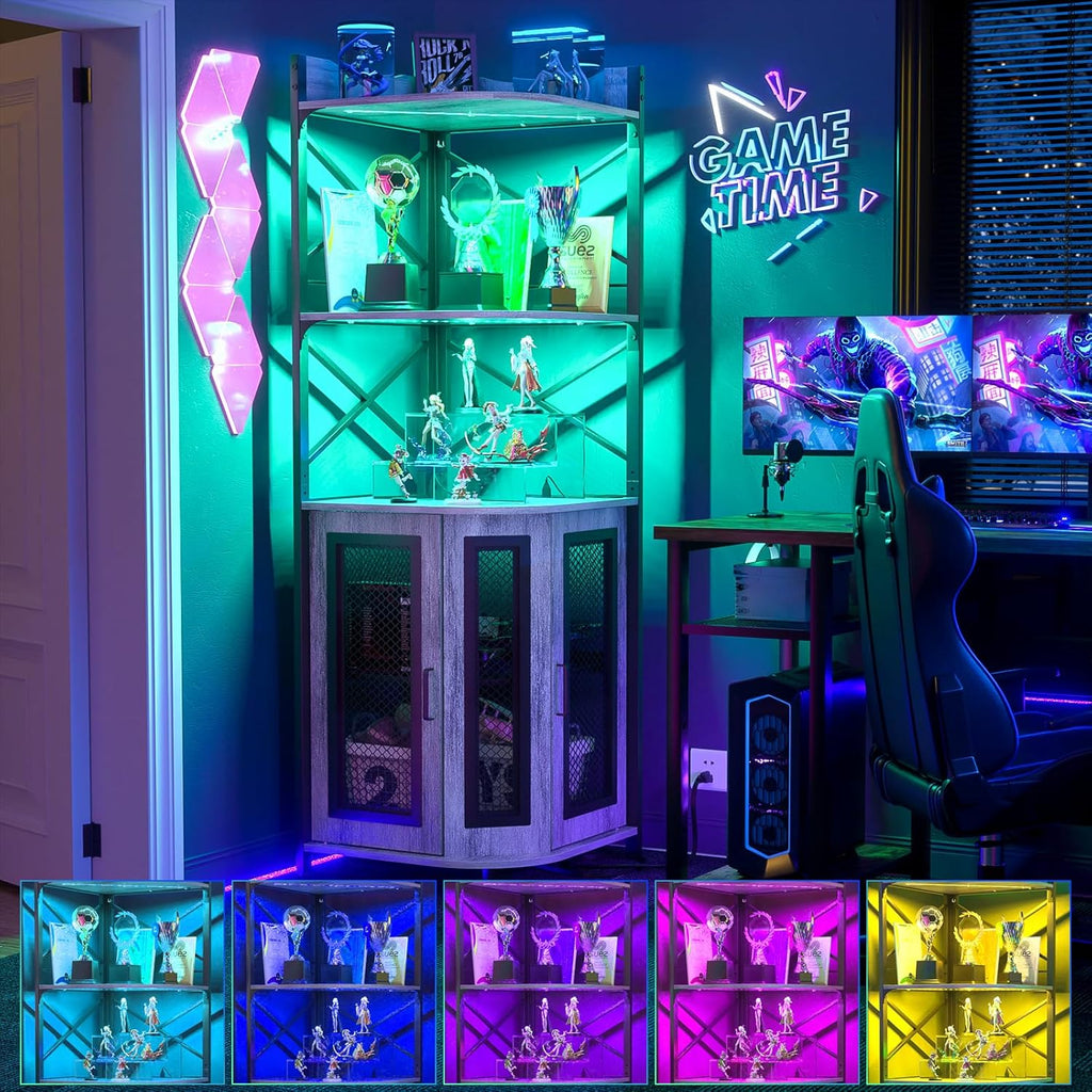Aheaplus Corner Bar Cabinet with Power Outlet, Industrial Wine Cabinet with LED Strip and Glass Holder, 5-Tiers Liquor Cabinet Bar Unit for Home, Corner Display Cabinet for Small Space, White Oak wourant