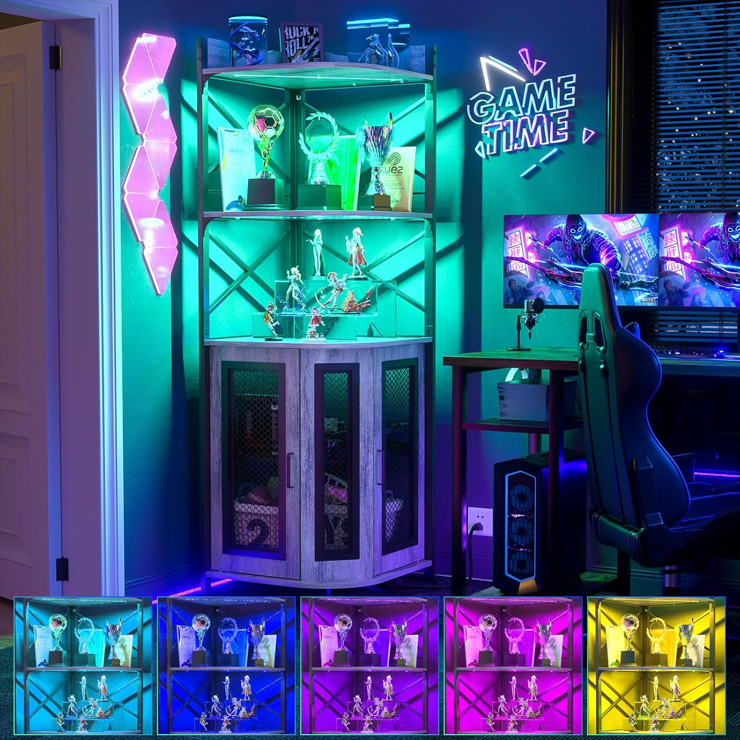 Aheaplus Corner Bar Cabinet with Power Outlet, Industrial Wine Cabinet with LED Strip and Glass Holder, 5-Tiers Liquor Cabinet Bar Unit for Home, Corner Display Cabinet for Small Space, White Oak wourant