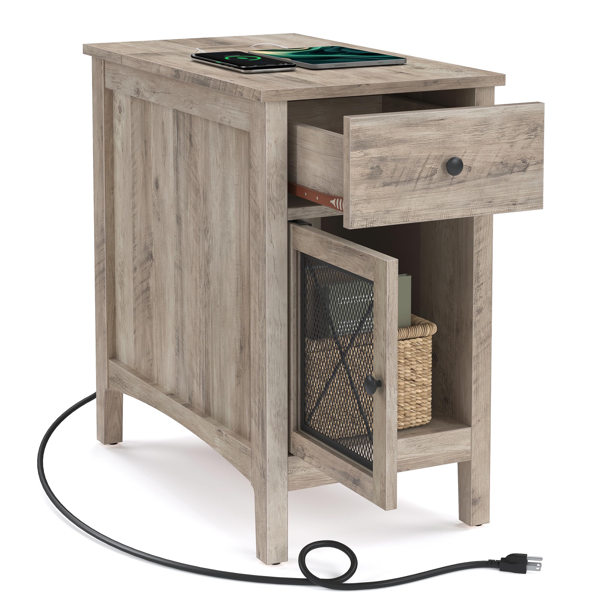 Side Table with Storage End Table with USB Ports and Outlets Nightstand with Charging Station wourant