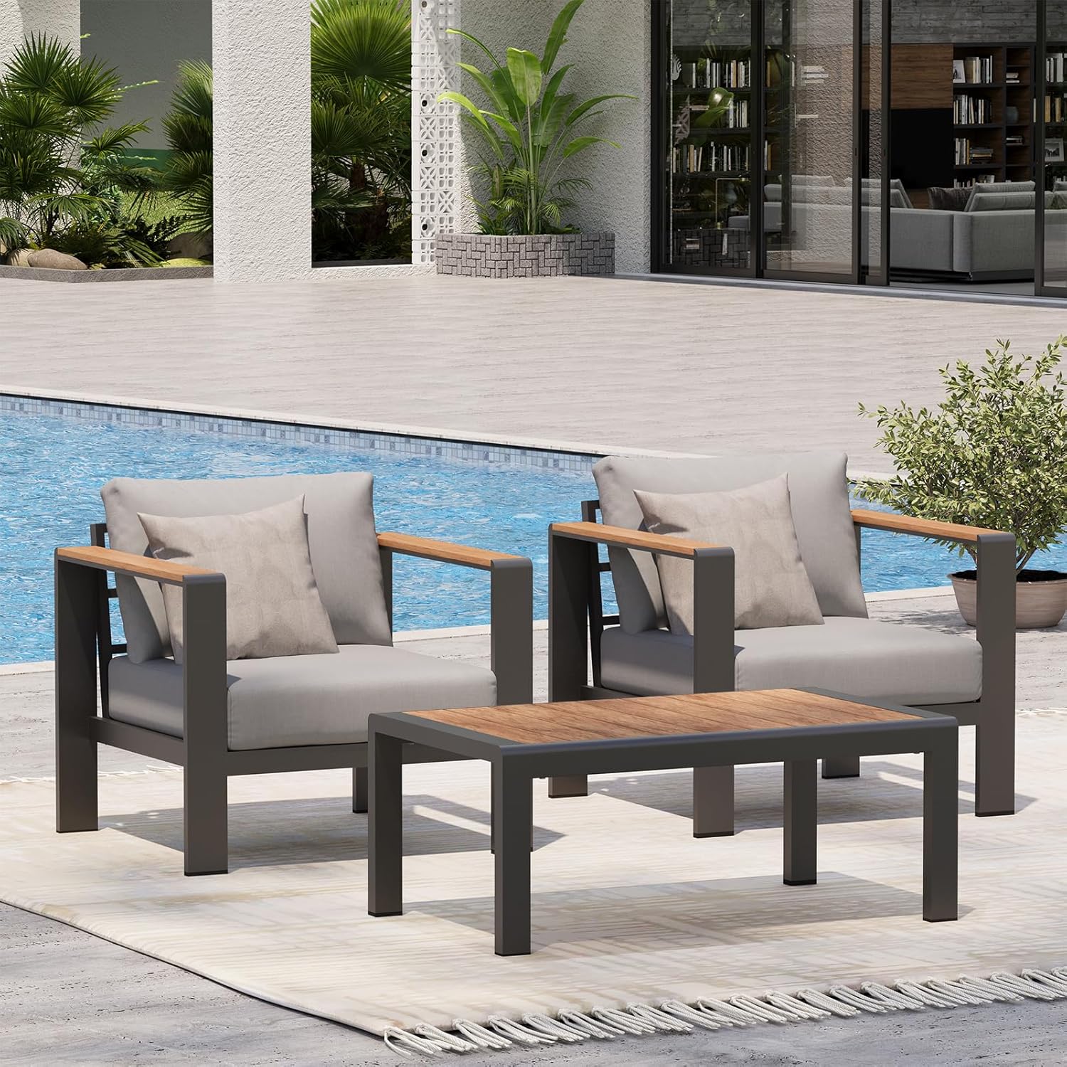 Aluminum Outdoor Patio Furniture Set with Coffee Table, 4 Piece Patio Conversation Sets with Washable Thick Cushions, Outdoor Sectional Furniture Set for Poolside, Balcony, Deck, Gray woonhhop