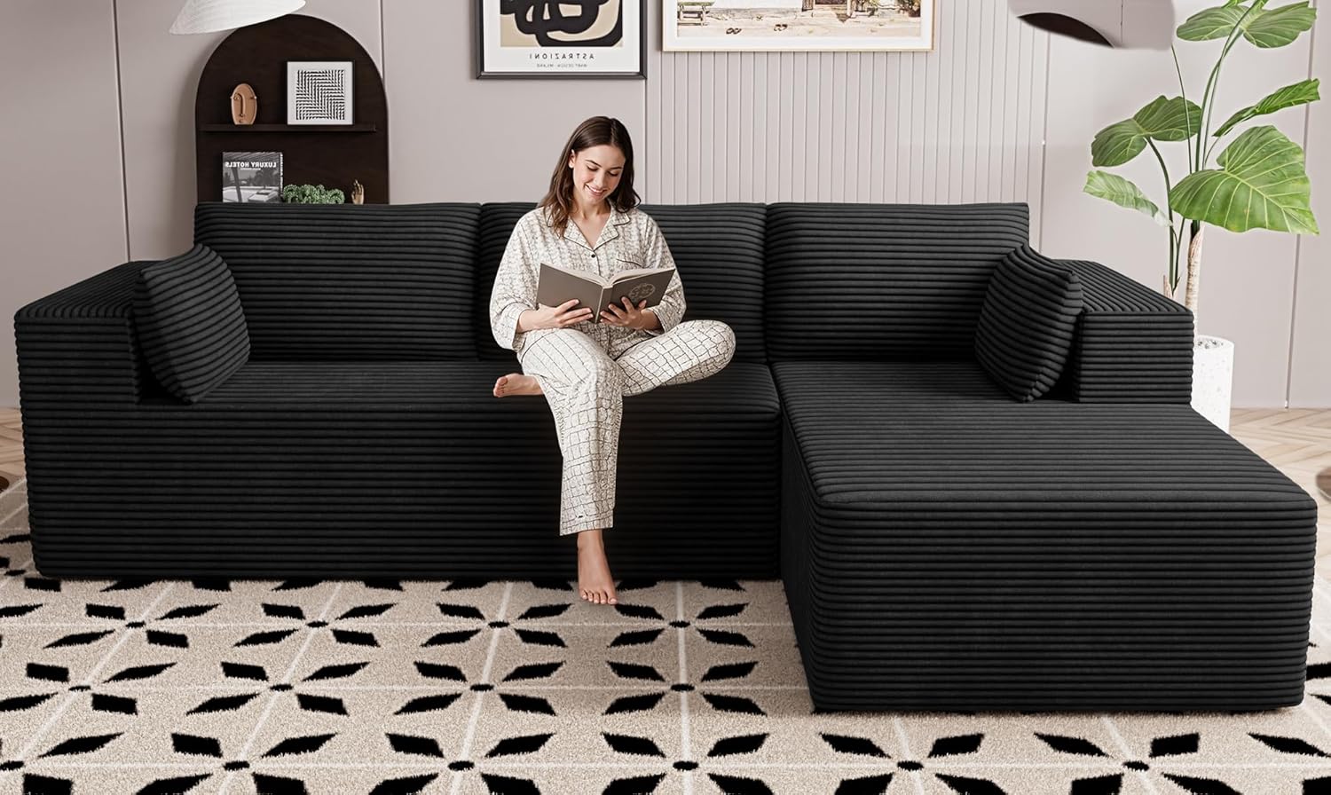 Cloud Sectional Boneless Couches for Living Room, Modular L Shaped Couch with Deep Seat Oversized Right Facing Chaise, Memory Foam Compressed Spineless 3 Seater Sofa for Apartment, Black | No Assembly Required, Deep Seat, Cat-Claw Resistant, High-Resilien wourant