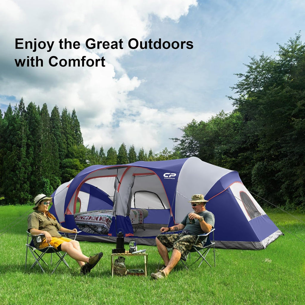 CAMPROS CP Tent 12-Person-Camping-Tents,3 Room Family Tents,Waterproof Windproof Family Tent with Top Rainfly,6 Large Mesh Windows,Double Layer,Easy Set Up, Portable with Carry Bag-20' x 9' x 72"(H) wourant