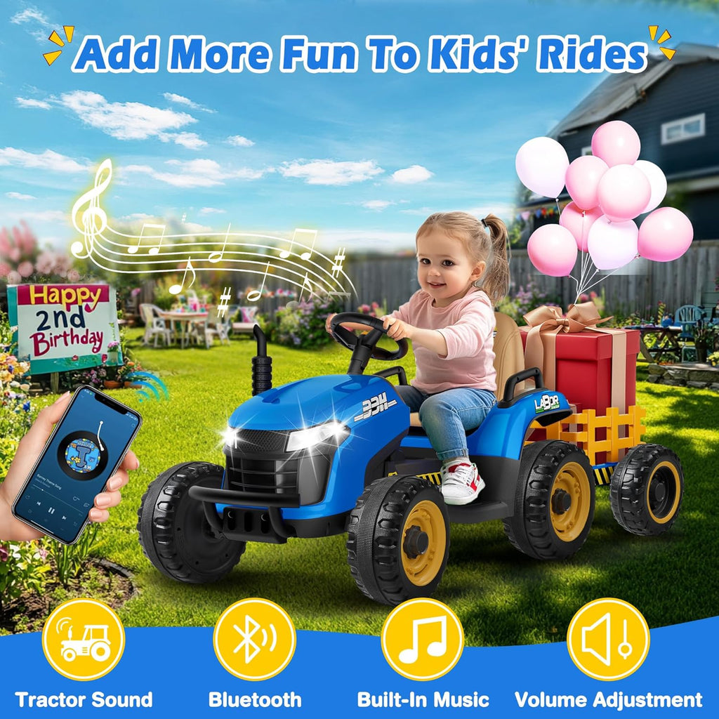 24V Ride On Tractor w/Tiltable & Detachable Trailer, 2x65W Motors, EVA Tires, Remote Control, Bluetooth, Shifter, Music, Electric Car for Kids, Green wourant