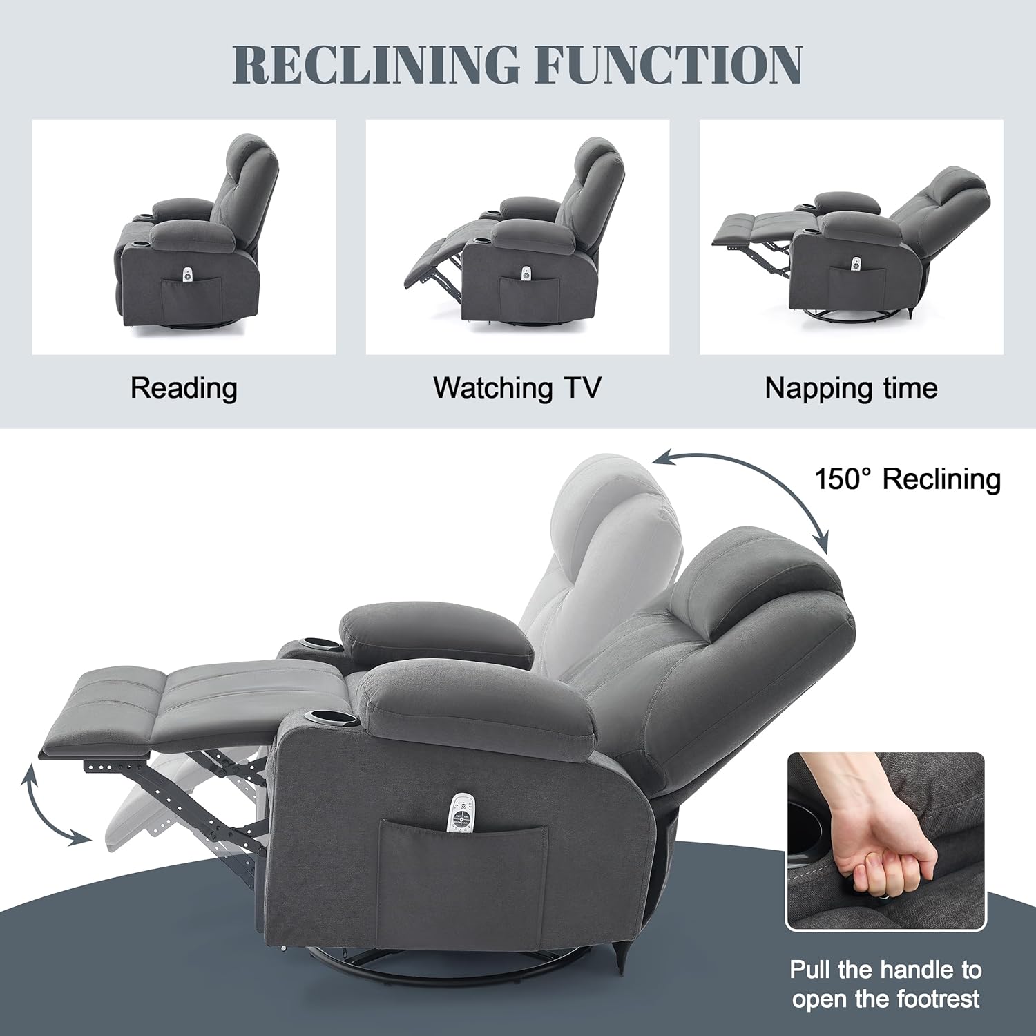 Large Swivel Rocking Recliner with Heating and Massage Function, 360 Degree Swivel Rocking Single Sofa wourant