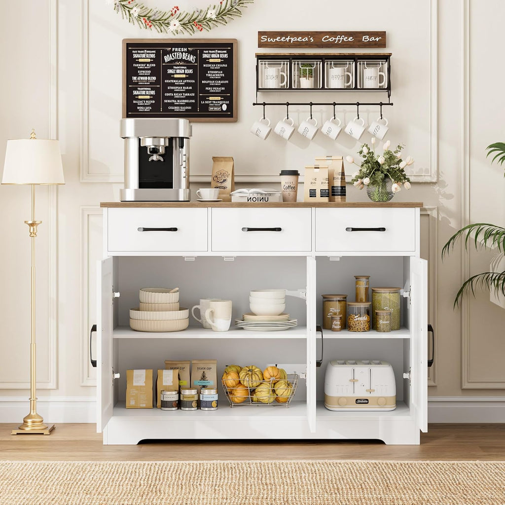 Modern farmhouse sideboard, barn door buffet storage cabinet with drawers and shelves, wooden coffee bar with storage wourant
