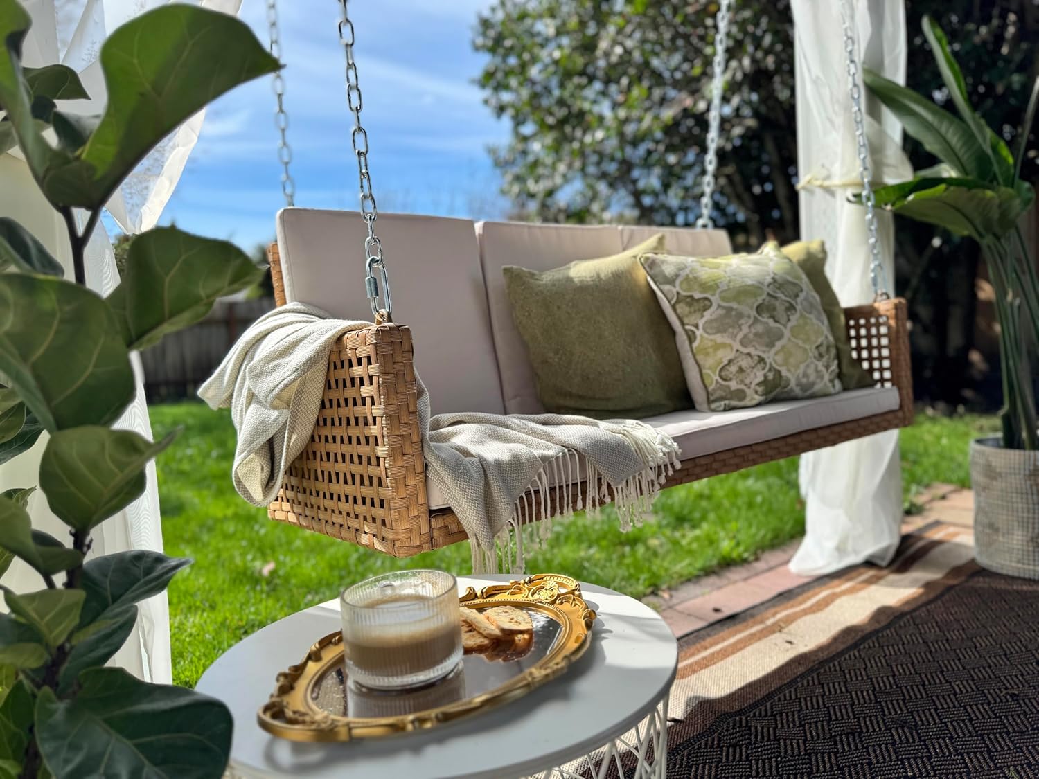 YITAHOME Hanging Porch Swing Chair Sits 3 People, Wicker Outdoor Swing Bench, Patio Lounge Chair, 1 Seating Cushion and 3 Back Cushions, w/Removable Covers, for Garden, Balcony, Backyard, Brown wourant