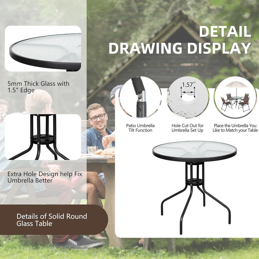 Vongrasig 6 Piece Folding Patio Dining Set,Small Metal Outdoor Garden Patio Table and Chair Set w/Umbrella for Lawn,Deck,Backyard,Black wourant