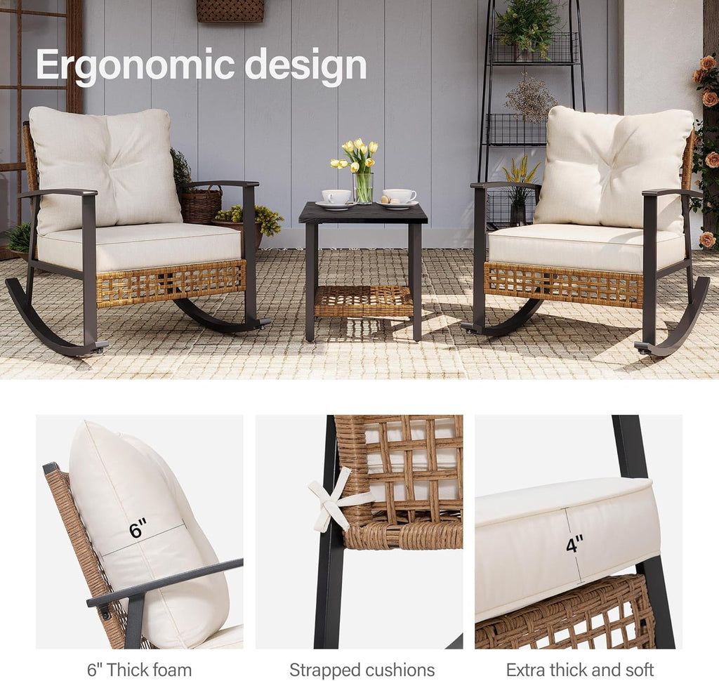 LAUSAINT HOME 3 Piece Rocking Bistro Set Outdoor Patio Furniture Oversize Rattan Conversation Set wourant