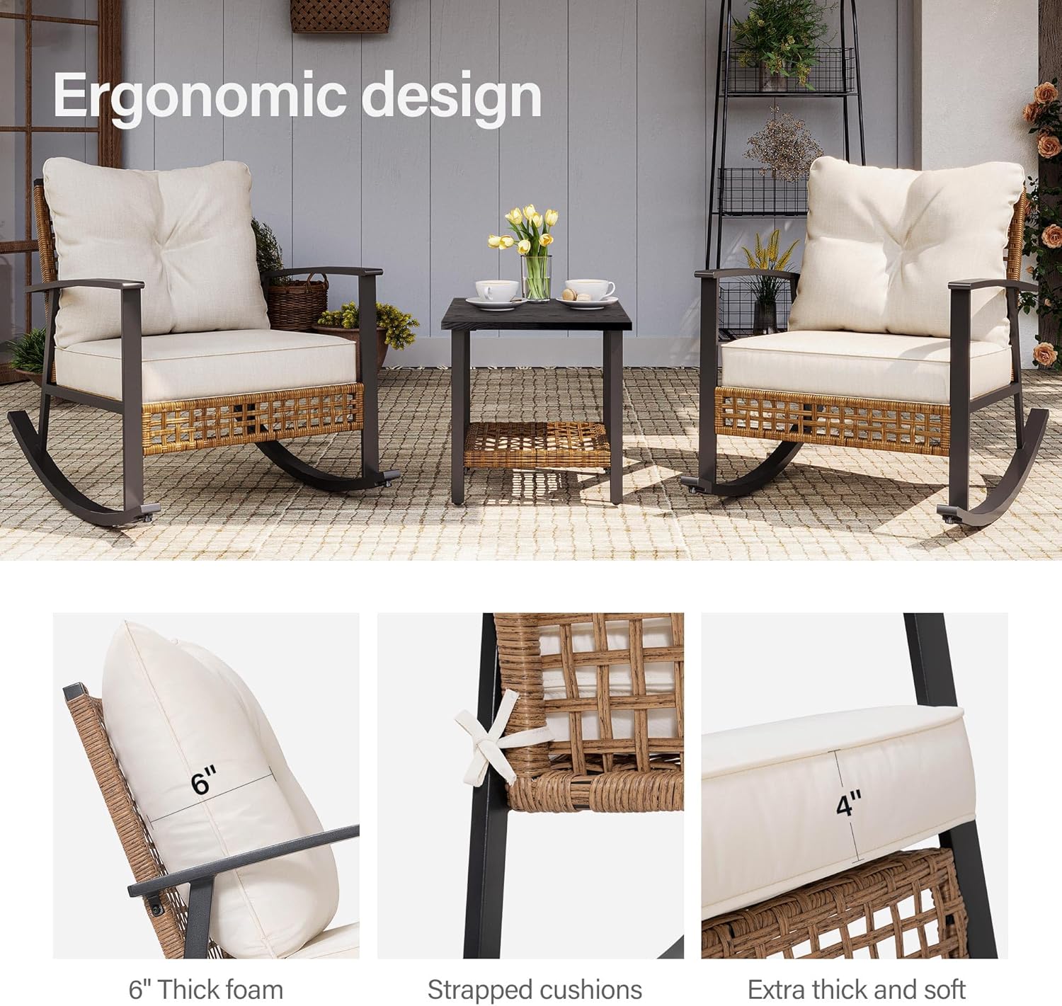 LAUSAINT HOME 3 Piece Rocking Bistro Set Outdoor Patio Furniture Oversize Rattan Conversation Set wourant