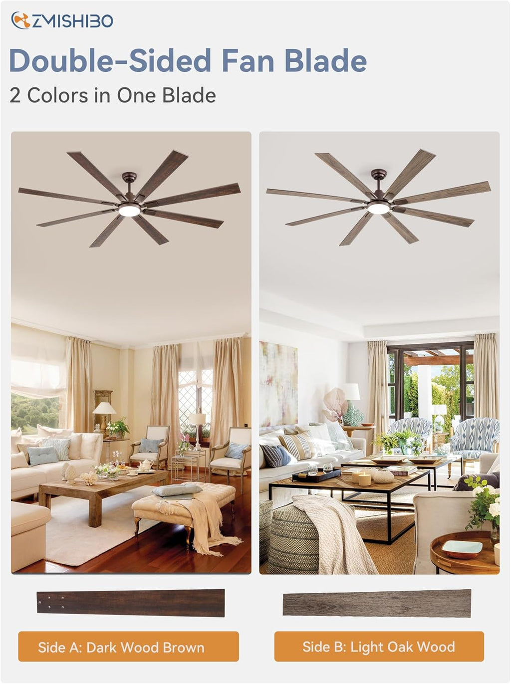 ZMISHIBO 72 inch Large Ceiling Fans with Lights and Remote, Indoor/Outdoor Black Modern Ceiling Fan for Kitchen Living Room Patio, 6 Speed Reversible Quiet DC Motor, 3 CCT, Dual Finish 8 Blades wourant