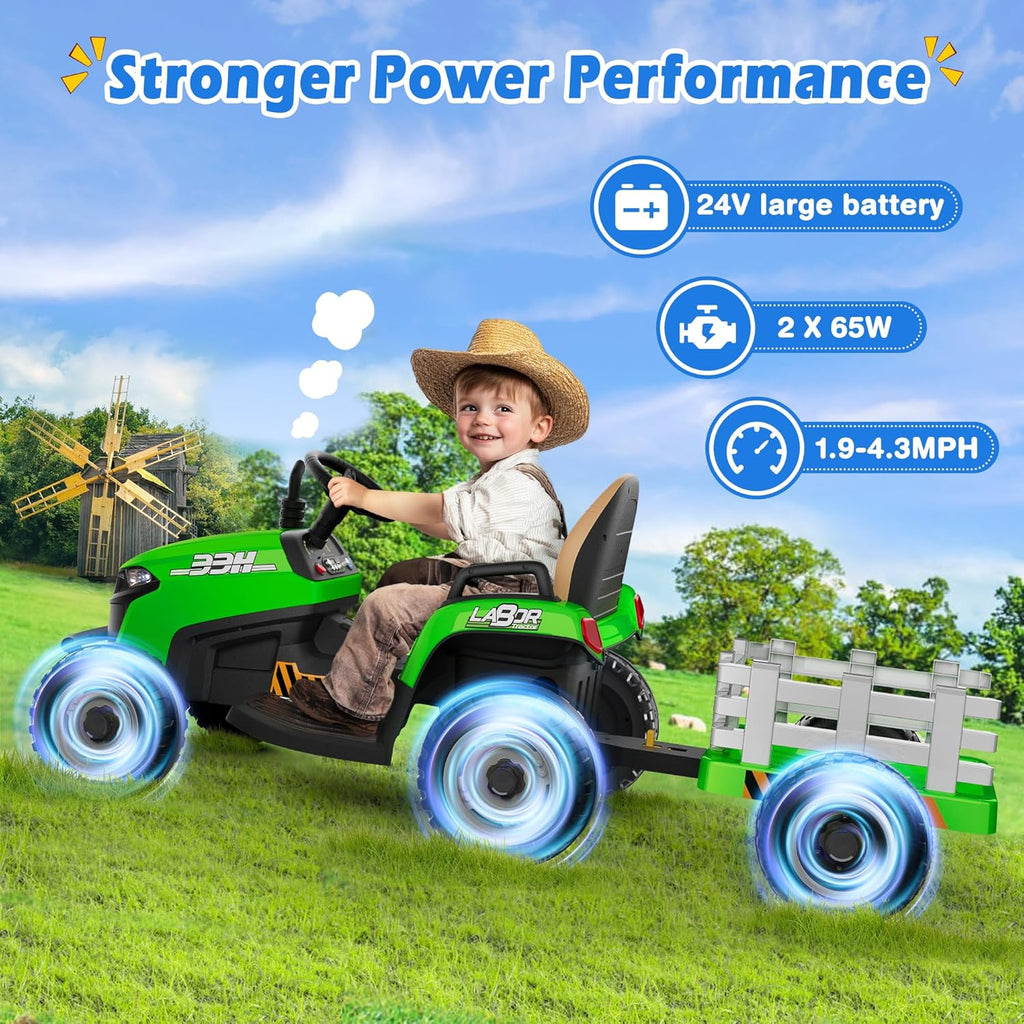 24V Ride On Tractor w/Tiltable & Detachable Trailer, 2x65W Motors, EVA Tires, Remote Control, Bluetooth, Shifter, Music, Electric Car for Kids, Green wourant