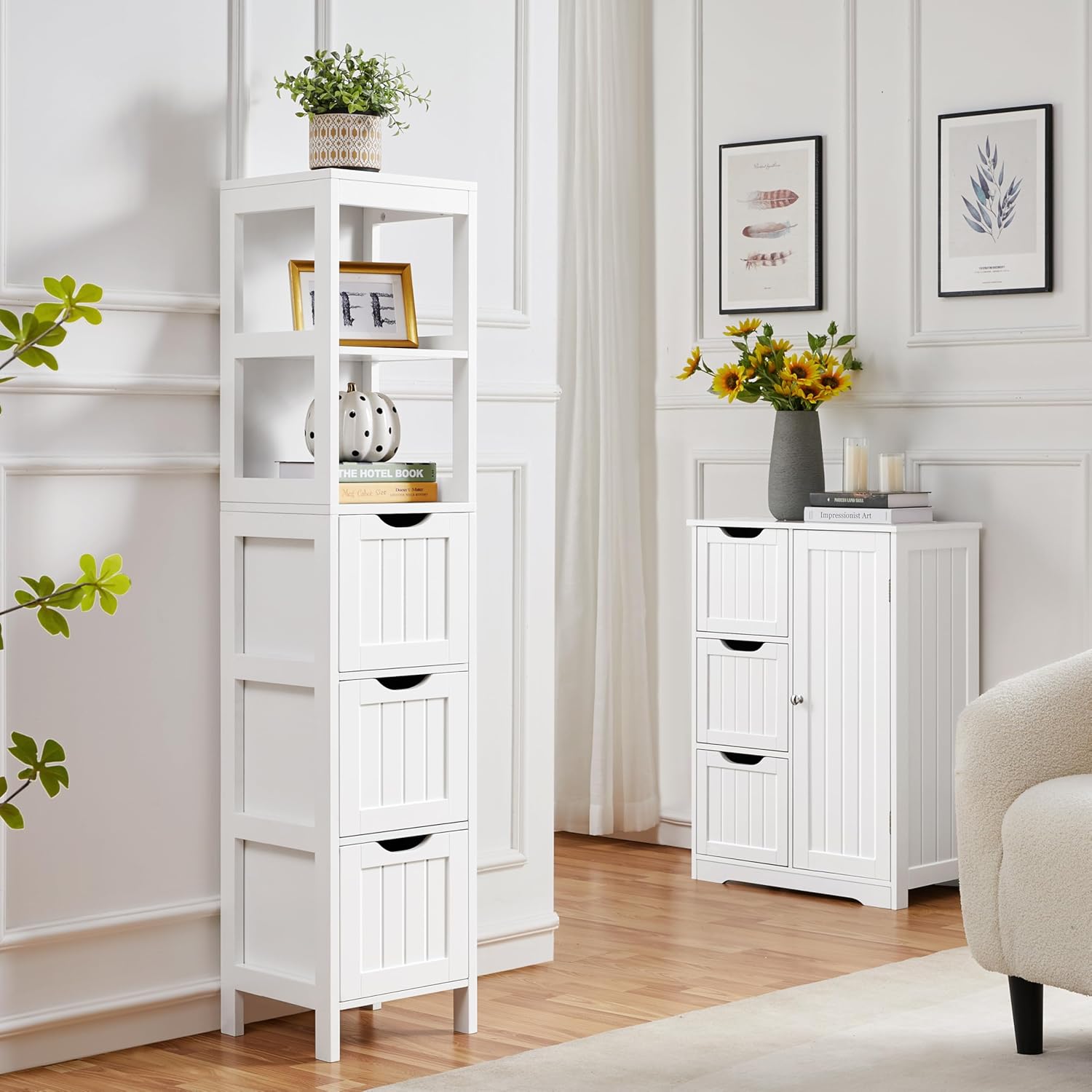 Bathroom Floor Cabinet, Wooden Storage Cabinet with 2 Drawers, Multifunctional Side Organizer Rack Stand Table wourant