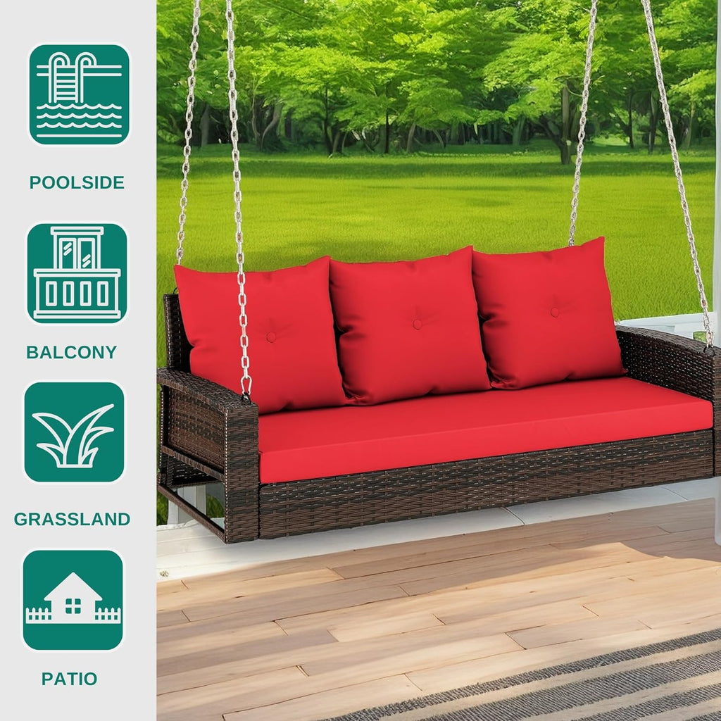 YITAHOME Hanging Porch Swing Chair Sits 3 People, Wicker Outdoor Swing Bench, Patio Lounge Chair, 1 Seating Cushion and 3 Back Cushions, w/Removable Covers, for Garden, Balcony, Backyard, Brown wourant