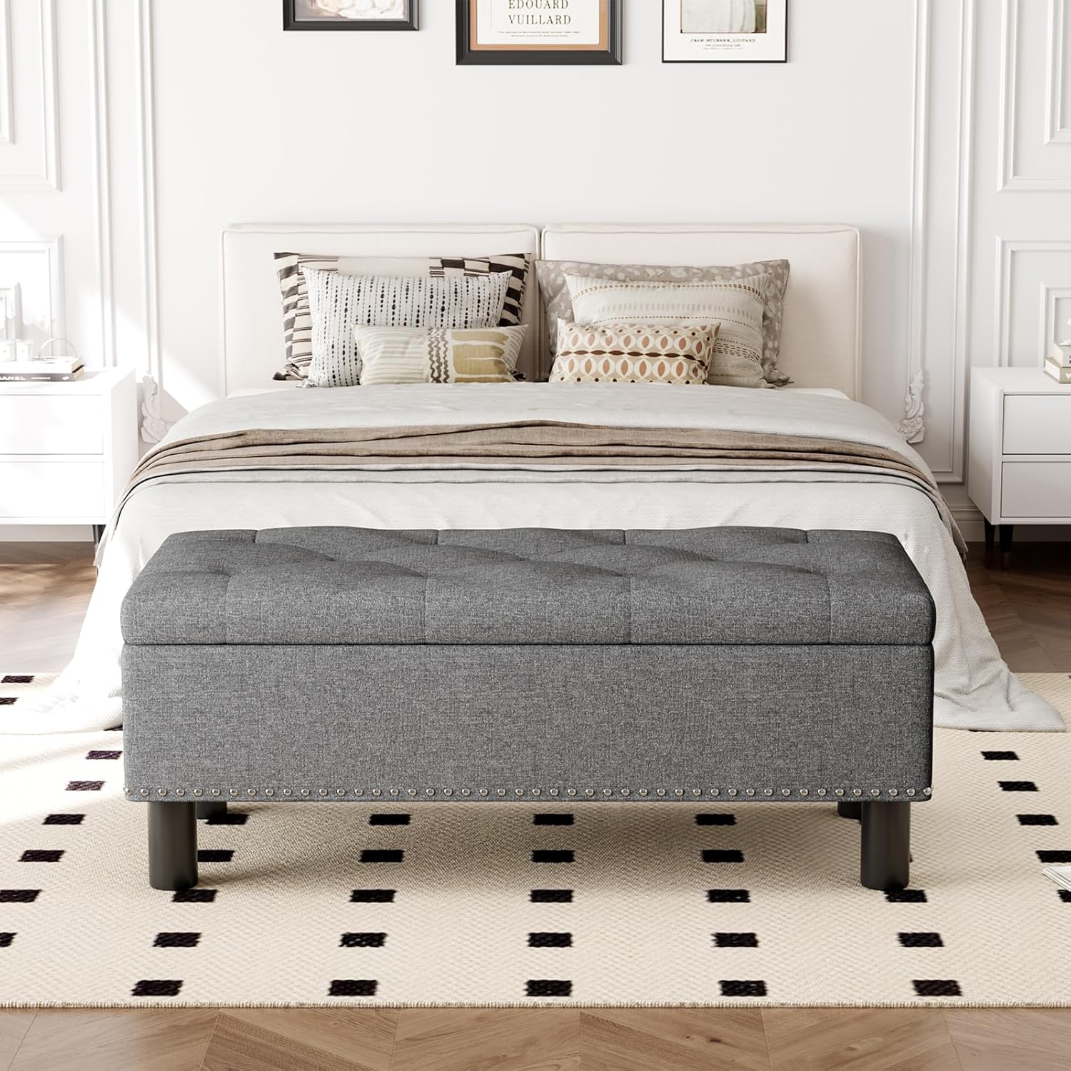 Furniliving Modern Storage Ottoman Bench, Sherpa Ottoman End of Bed Bench with Solid Wood Legs Upholstered Ottoman Benches with Storage Indoor Bench wourant