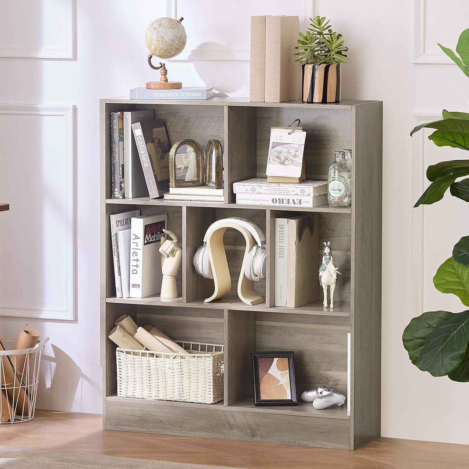 LEYAOYAO Wooden 7 Cube Book Shelf Natural Bookshelf Legs Modern Open Storage Organizer wourant