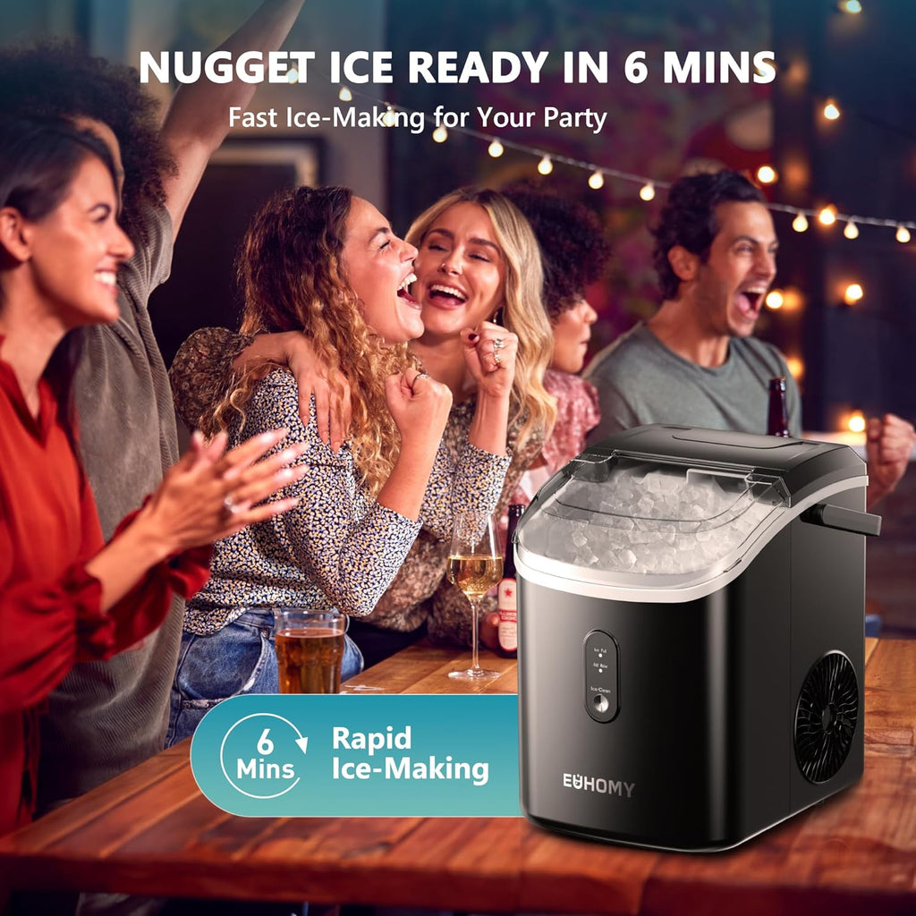 EUHOMY Nugget Ice Maker Countertop with Handle, Ready in 6 Mins, 34lbs Per Day, Removable Top Cover, Auto-Cleaning, Portable Sonic Ice Maker with Basket and Scoop, for Home/Party/RV/Camping (Black) wourant