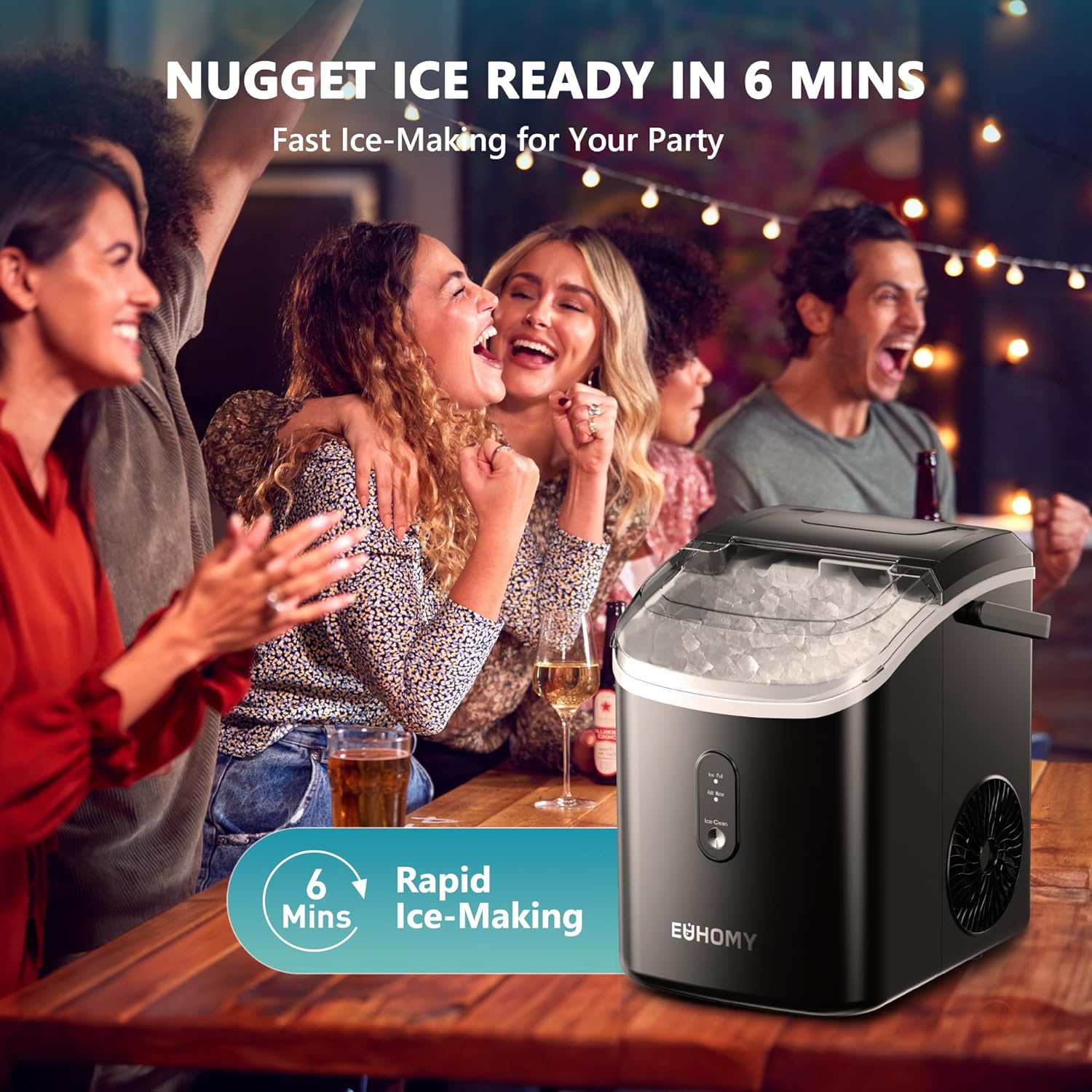 EUHOMY Nugget Ice Maker Countertop with Handle, Ready in 6 Mins, 34lbs Per Day, Removable Top Cover, Auto-Cleaning, Portable Sonic Ice Maker with Basket and Scoop, for Home/Party/RV/Camping (Black) wourant