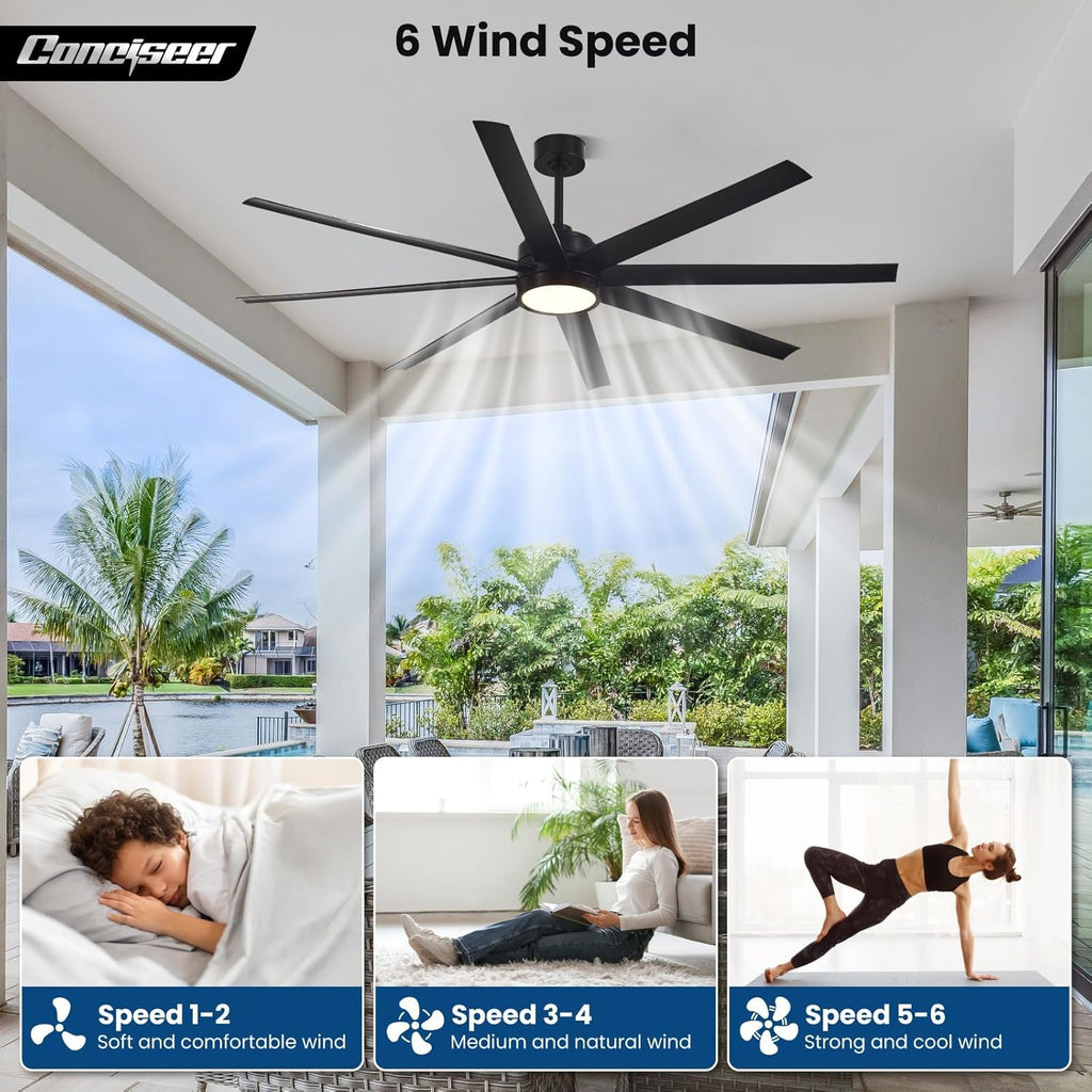 Modern Ceiling Fans with Lights, 72 Inch Ceiling Fan with Light and Remote, Bedroom Living Room Library Cafe Outdoor/Industrial,24W 3CCT Dimmable, 8 Blades 6 Speed Reversible Quiet DC Motor, Black wourant